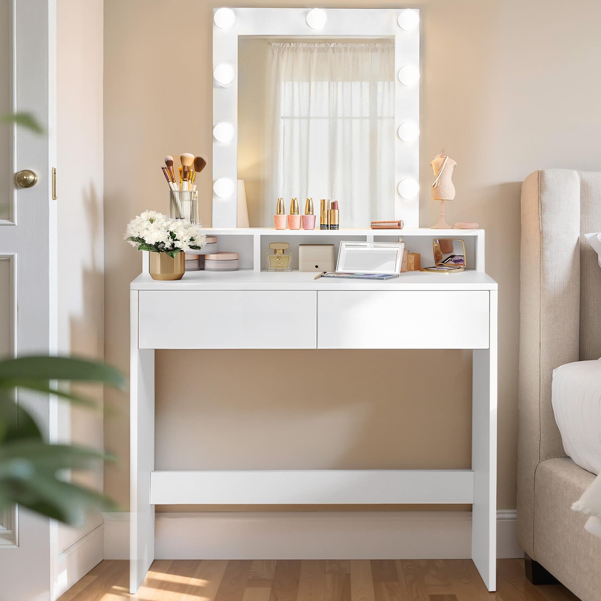 VASAGLE Dressing Table, LED Lights with Adjustable Brightness, Vanity Table with Mirror, 2 Drawers and 3 Compartments, Makeup Table, Modern, White RDT194T14