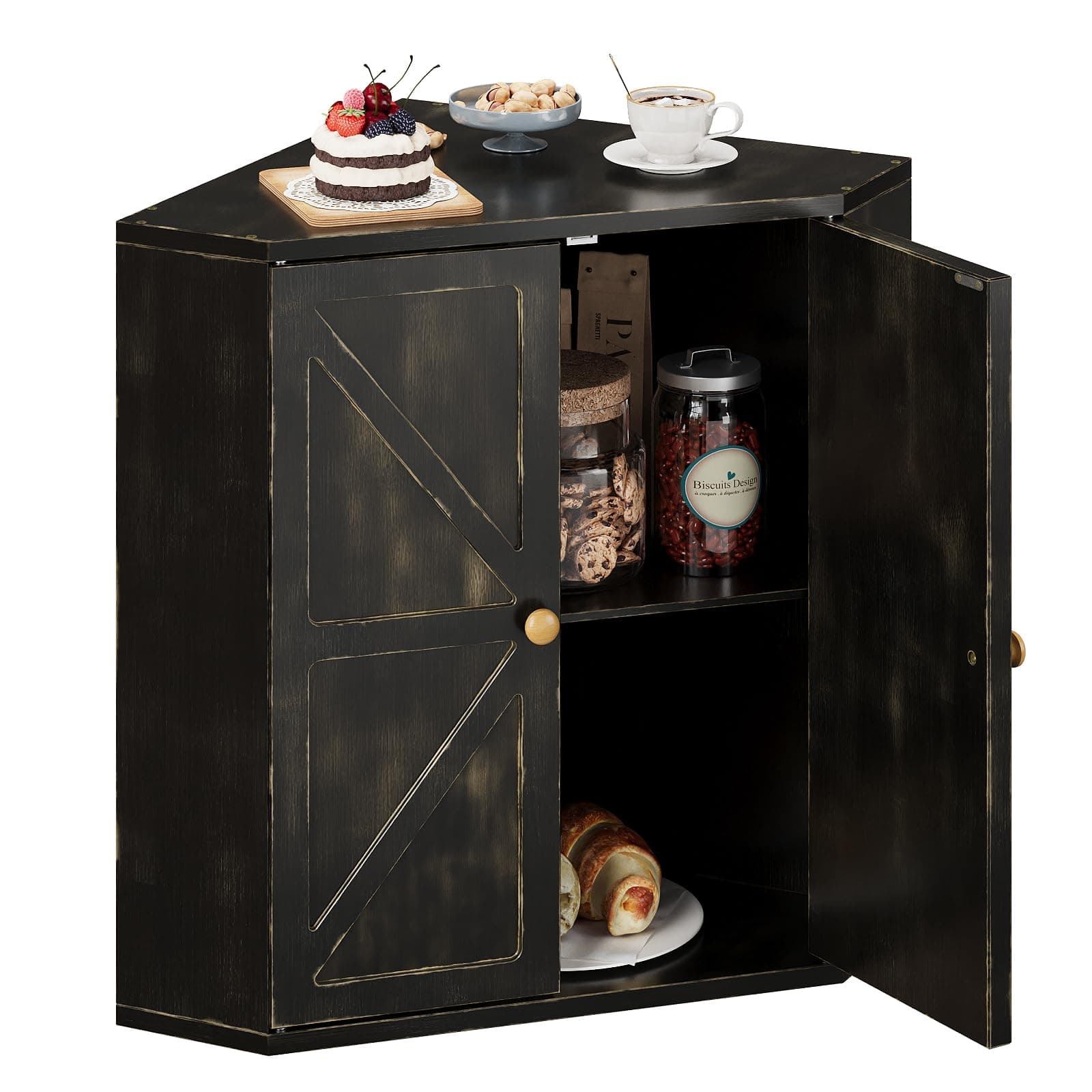 Corner Bread Box for Kitchen Counter Double Layer Bamboo Bread Storage Container Large Capacity Bread Storage Bin Farmhouse Breadbox Organizer (Antique Black)