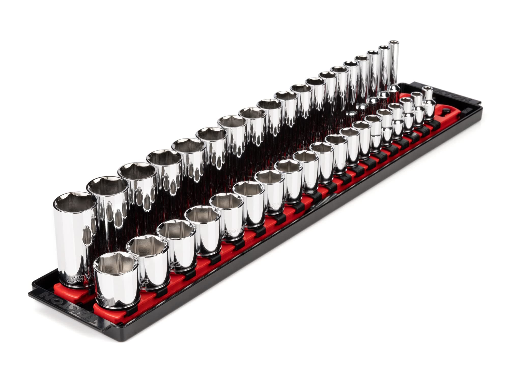 TEKTON 3/8 Inch Drive 6-Point Socket Set with Rails and Tray, 38-Piece (6-24 mm) | SHD91211