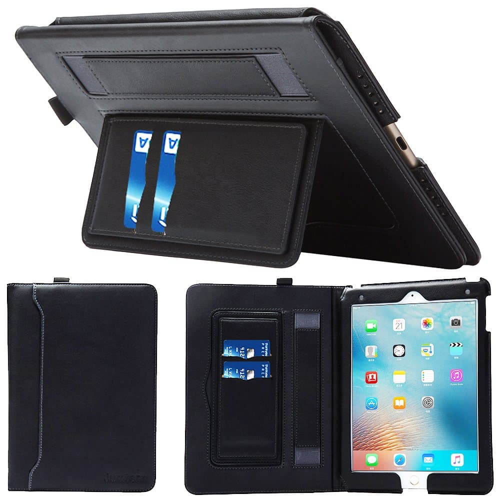 iPad Pro 9.7 Case, iPad Pro 9.7 inch Case,Jumtent Leather Stand Folio Case Cover Compatible iPad Pro 9.7 inch 2016, with Card Slots,Document Pocket,Pencil Holder,Hand Strap (Black)