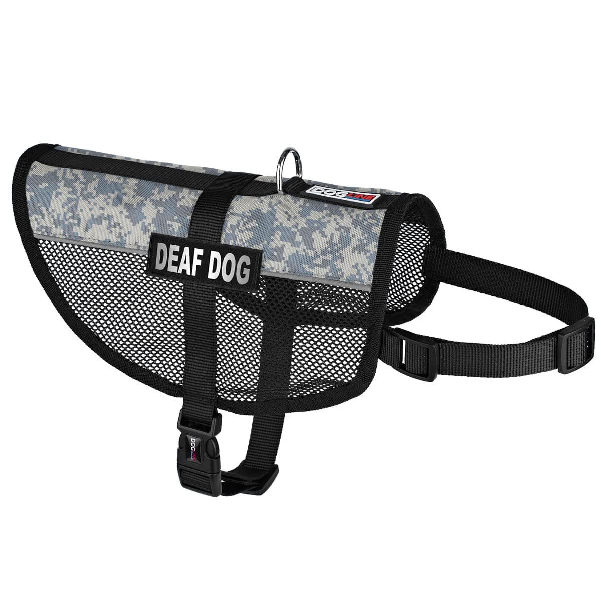 Dogline MaxAire Vest Deaf Dog Removable Patch Adjustable Harness Reflective for Puppies Small Medium and Large Dogs 17 by 21 Inch Girth Urban Camo