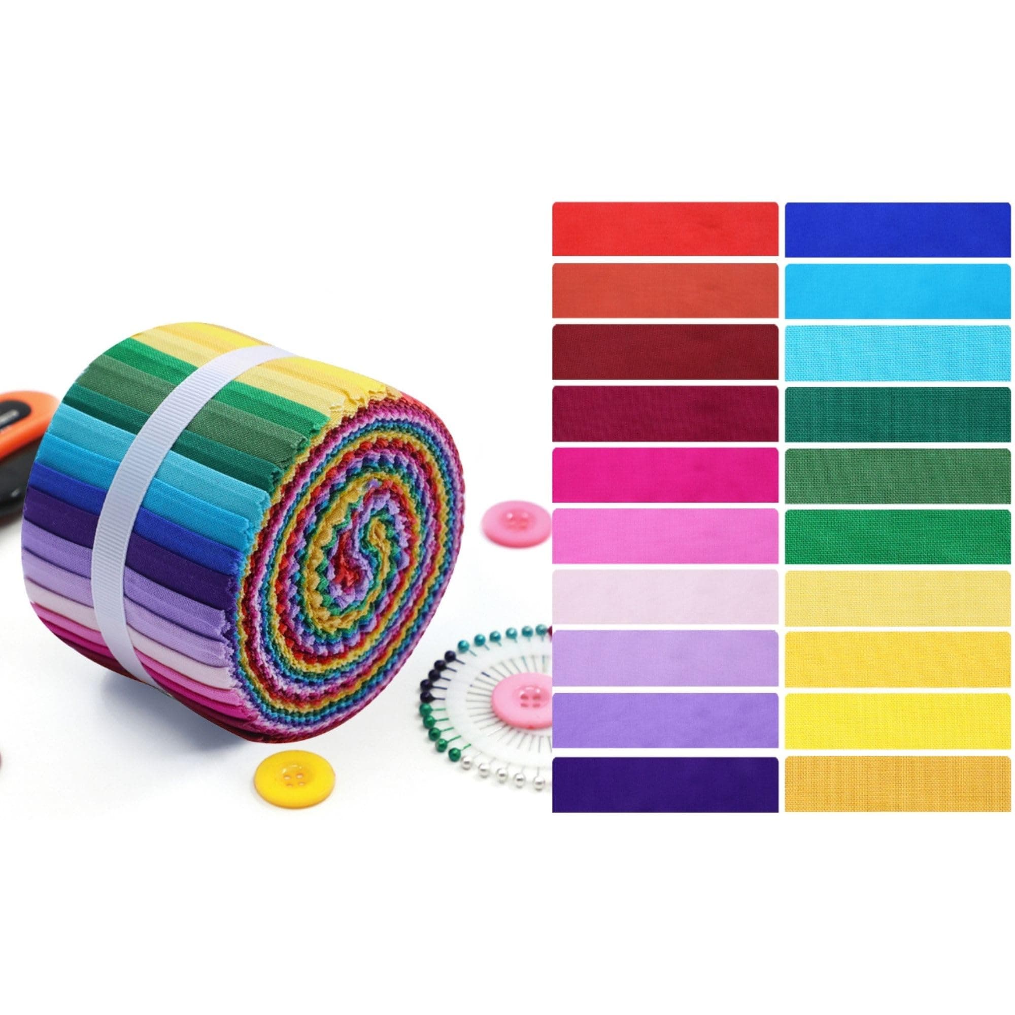 Rainbow Solid Cotton Jelly Roll – 2.5″ x 44″ (150 GSM) 20pcs Fabric Strips Pre-Cut – Bright & Pastel Colours – Quilting, Sewing & Craft Fabric Bundle