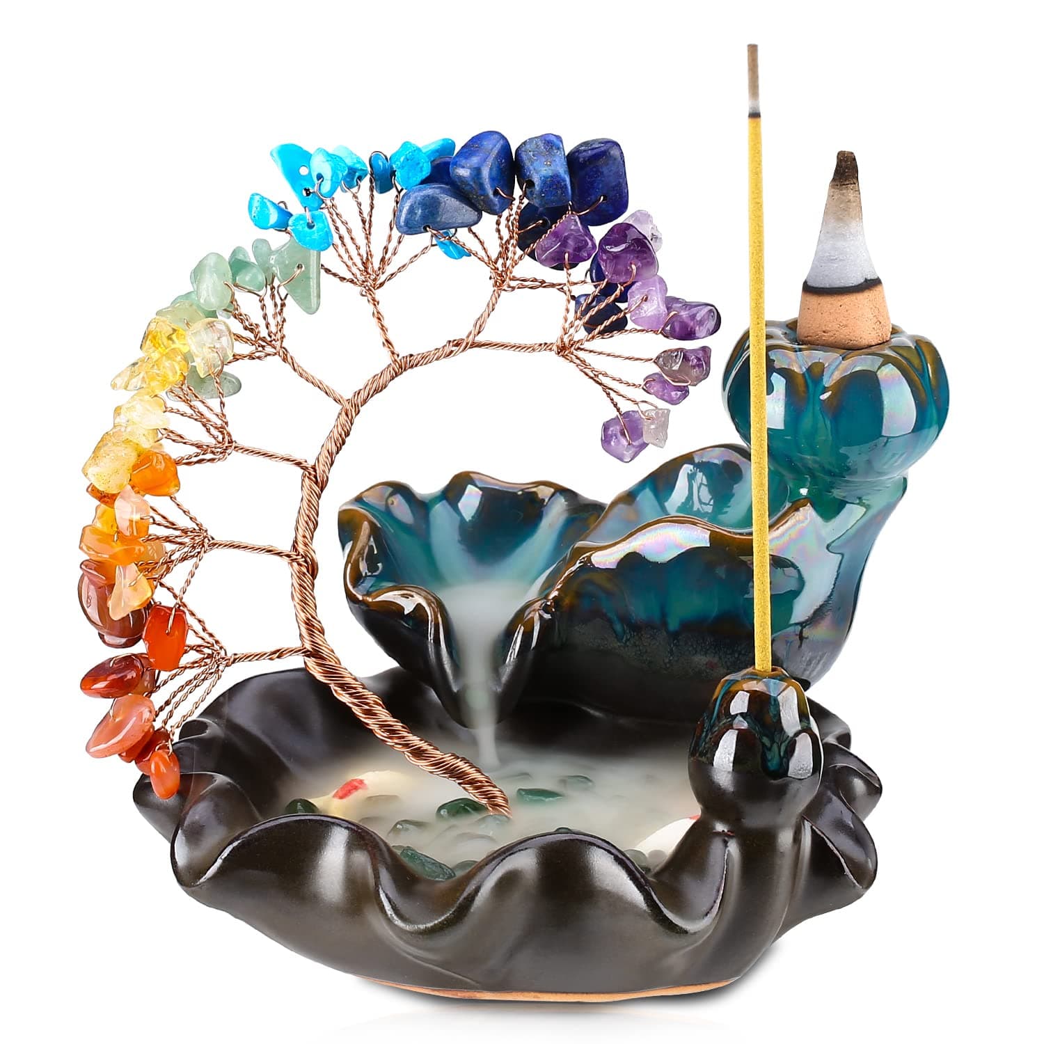 Backflow Incense Burner Ceramic Incense Waterfall 7 Chakras Crystal Tree Incense Holder Namaste Yoga Meditation and Home Decor