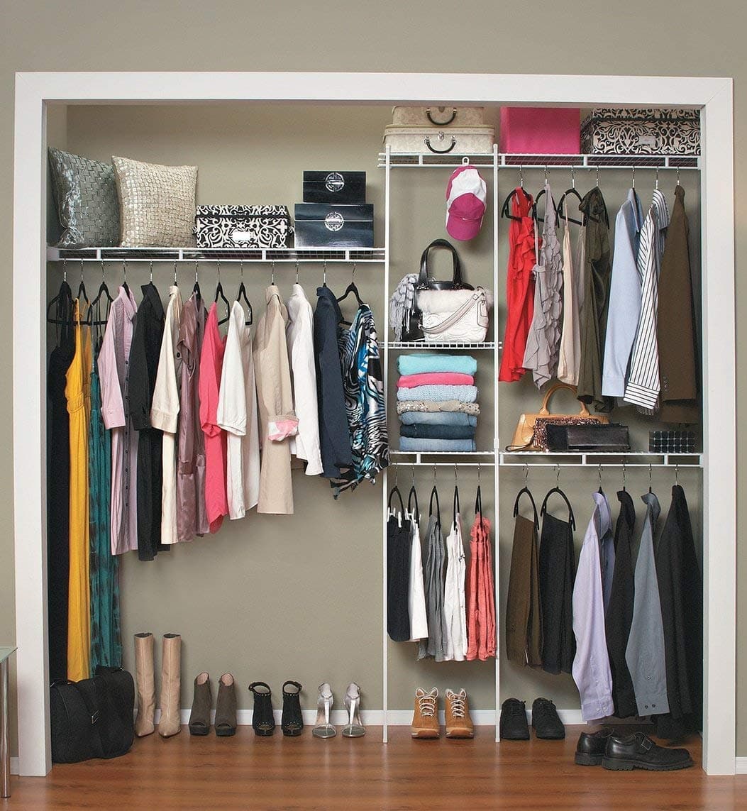 Wire Closet Organizer System, Adjustable from 5 to 8 Ft., with Shelves, Hardware, Durable Steel, Fixed Mount Installation, White