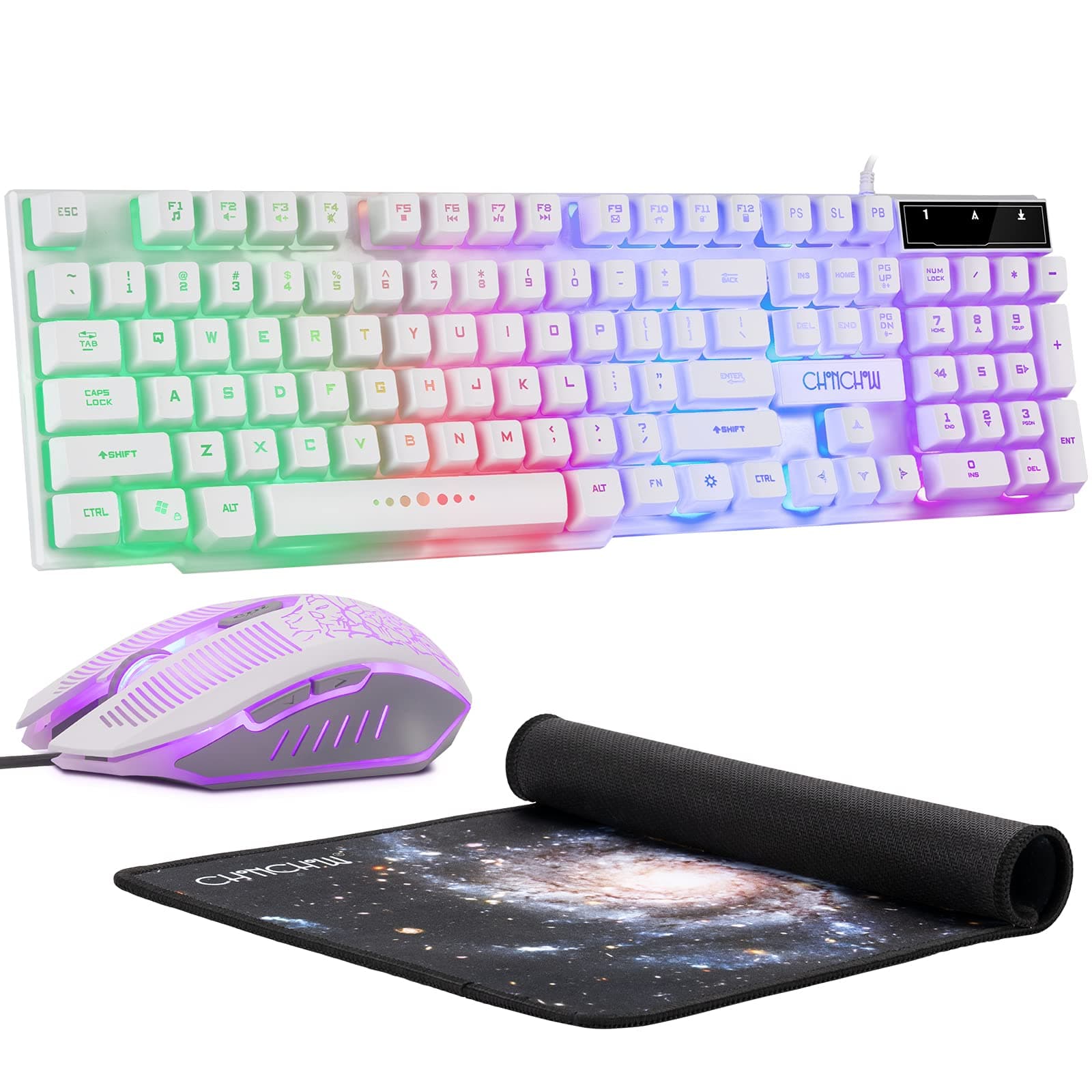 Gaming LED Backlit Keyboard and Mouse Combo CHONCHOW USB Wired Rainbow Key Board Mice Set Mechanical Feeling Compatible with PS4 PC Windows Mac Black (White Combo)