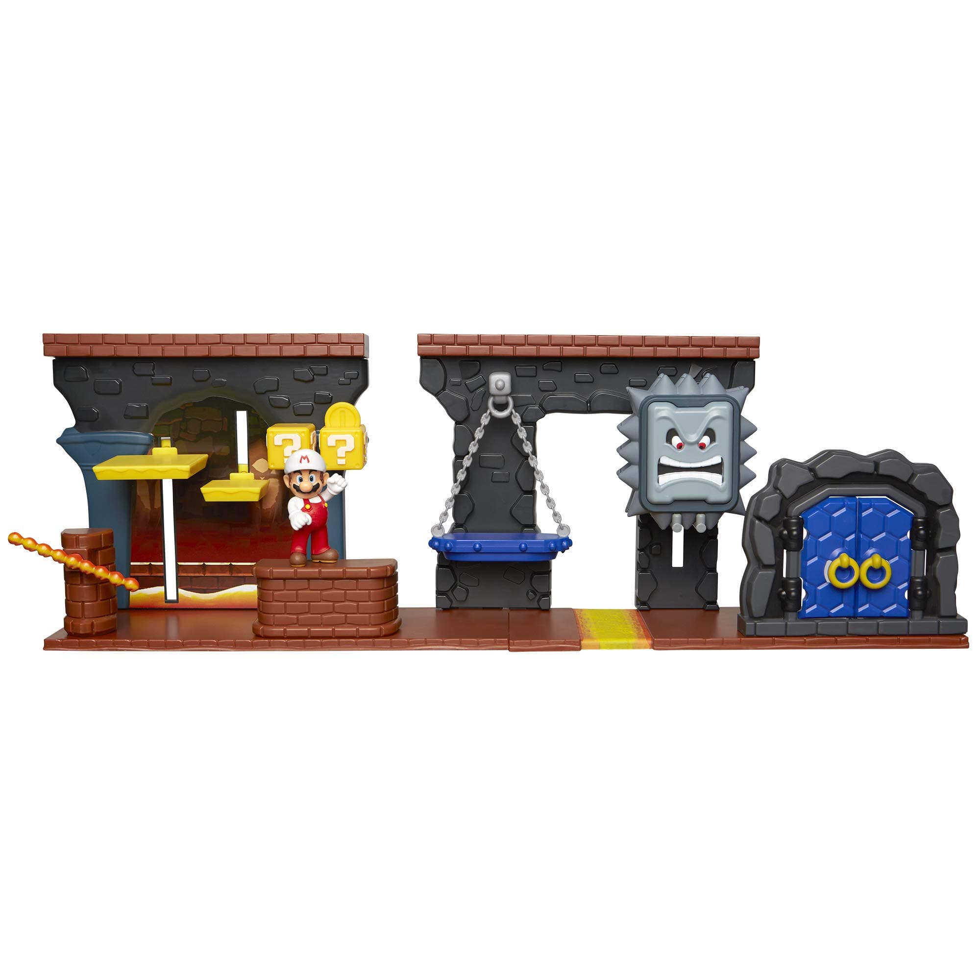 Super Mario Dungeon Deluxe Play Set, Includes: 2.5” Fire Mario Figure & 7 Interactive Environmentpiece Moving Platforms & Thwomp, Spinning Fire Balls, Hidden Coin, Swing, & Door