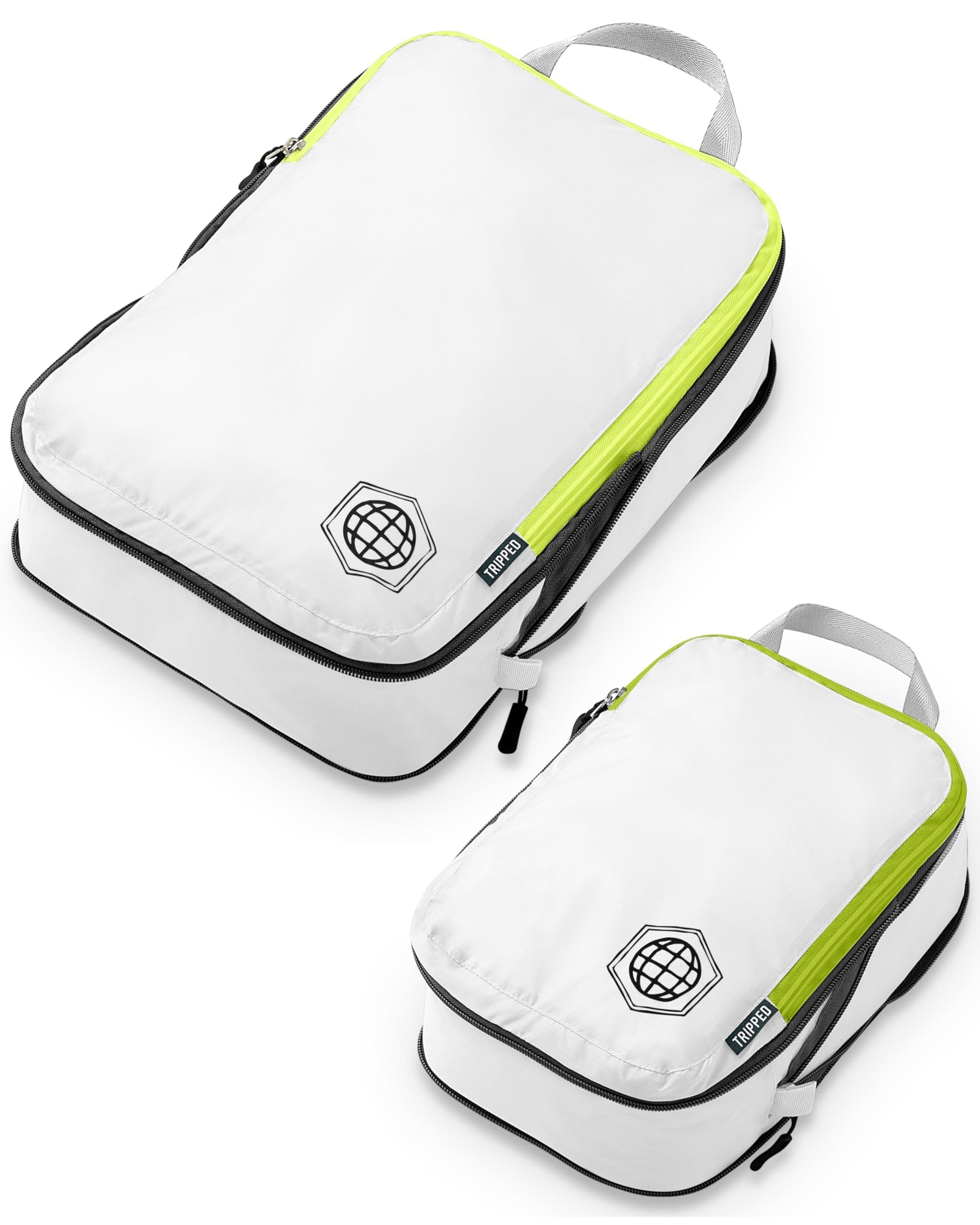 Compression Packing Cubes for Travel, 2-Piece Lightweight Packing Cubes Set for Carry-On Luggage & Backpacks – TRIPPED Travel Gear (White and Green)