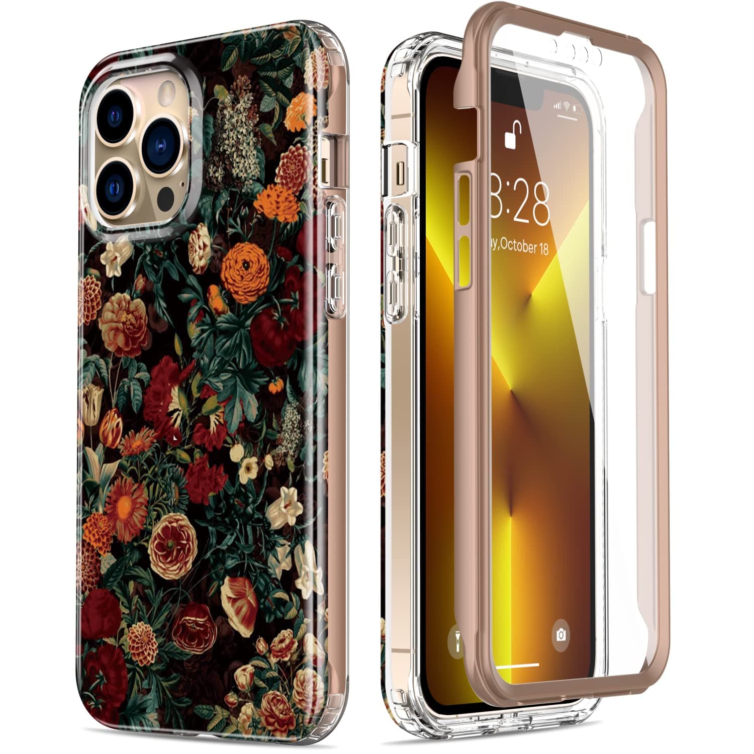 Esdotfor iPhone 13 Pro Case with Built-in Screen Protector,Military Grade Rugged Cover with Fashionable Designs for Women Girls,Protective Phone Case 6.1" Flower Garden