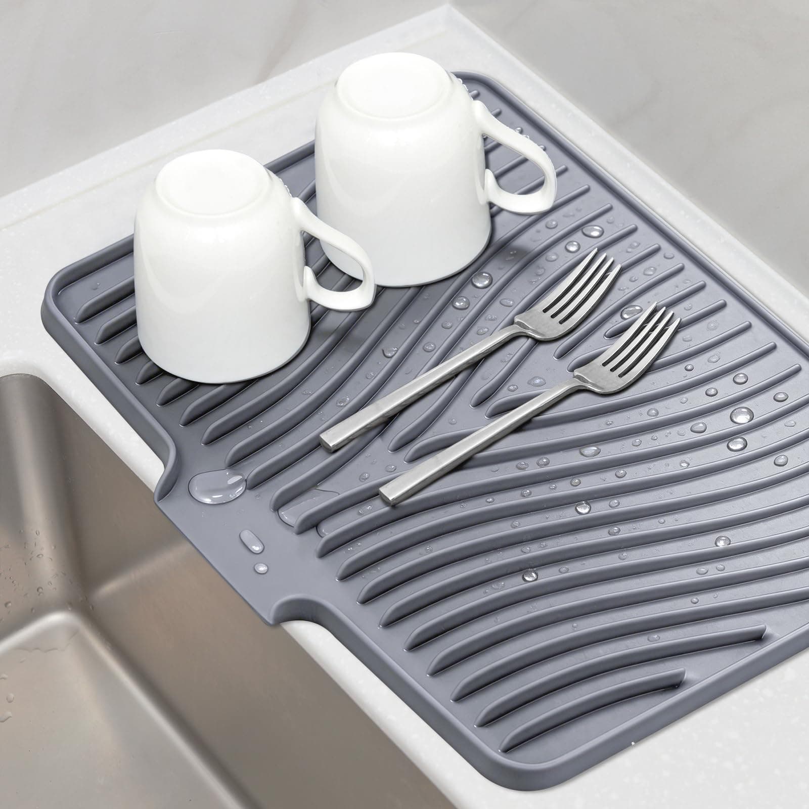 Silicone Dish Drying Mat for Kitchen Counter, Dish Drying Pad, Non-Slip Drain Pad with Built-in Drain, Heat Resistant Stone Drying Mat(15.8" x 13", Grey)