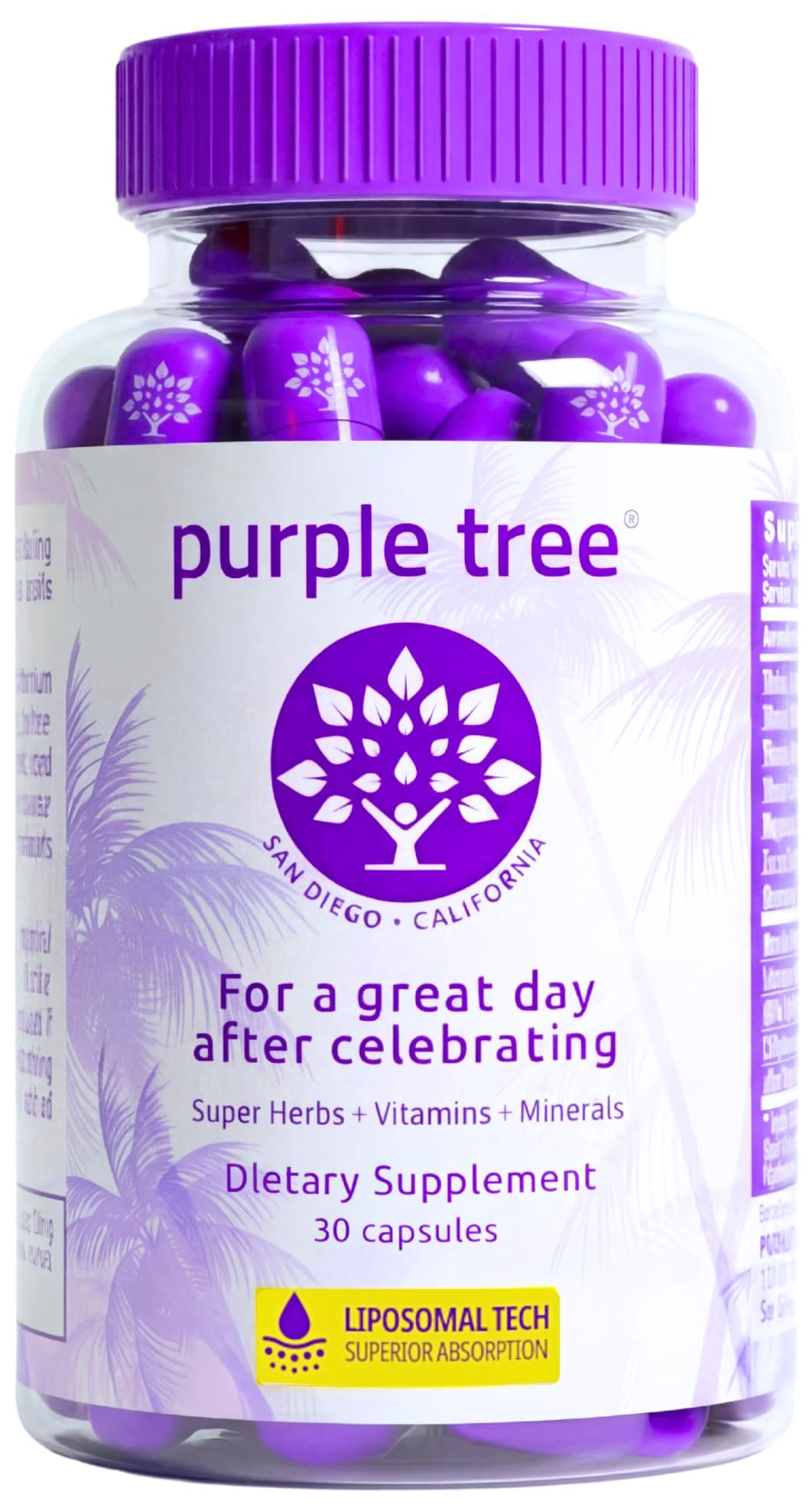 purple tree Post-Celebration Wellness Supplement for Liver Support & Hydration | Liposomal Dihydromyricetin (DHM), L-Glutathione, Milk Thistle, B Vitamins, Minerals, Willow Bark | 30 Capsules