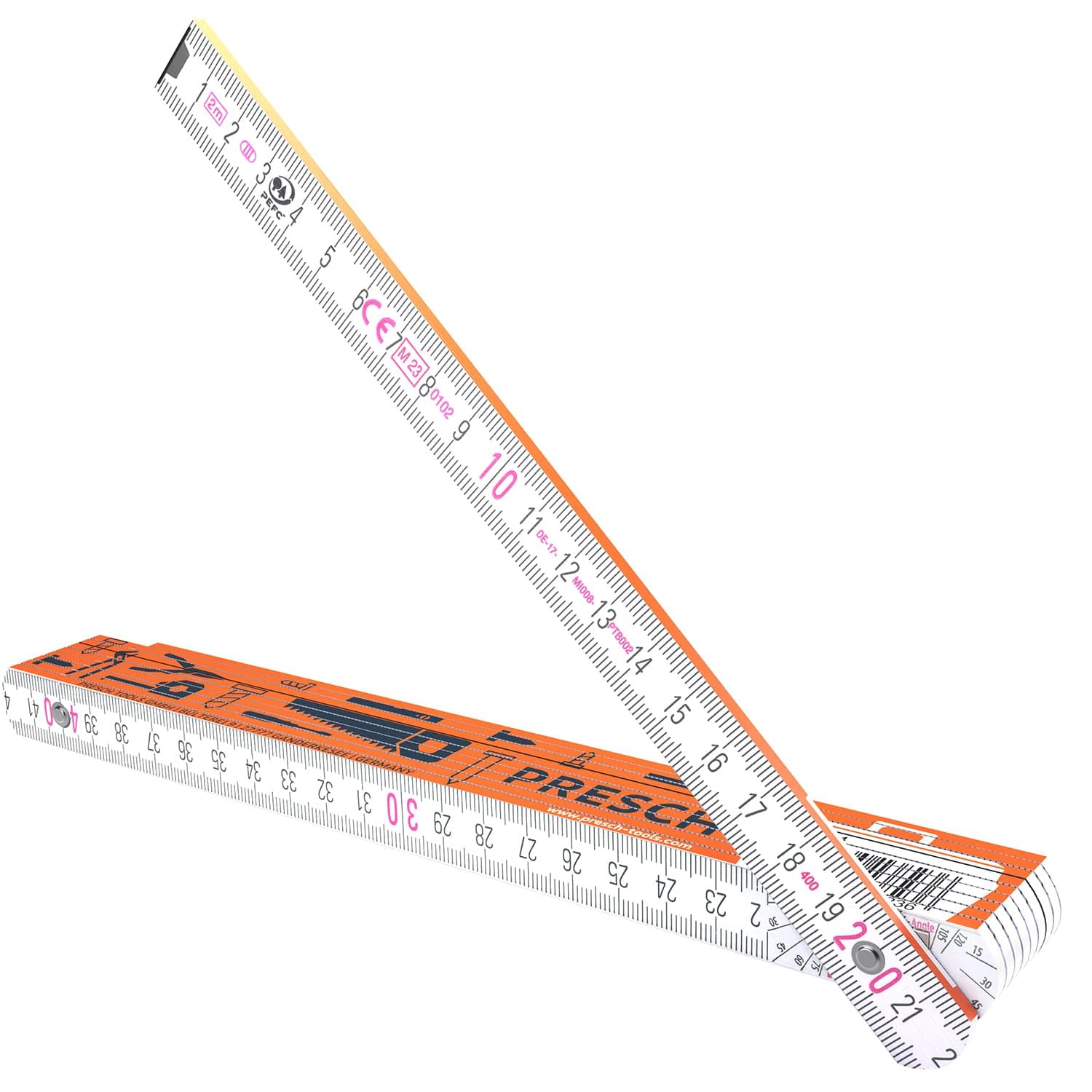 Presch Folding Ruler 2 Metres with Angle Function | Wood | Orange | Large & Very Easy to Read Numbers | Exact Snap | Folding Ruler 2 m, Measuring Stick, Measuring Stick, Metre Measure with Tool