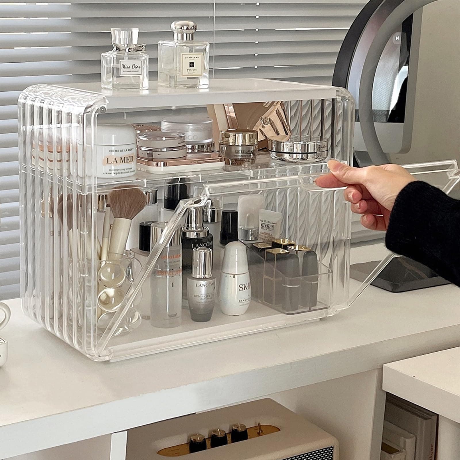 Paperbacks Acrylic Makeup Display Case Organizer, Stackable Perfume Organzier with Movable Division Board, Dustproof Cosmetic Organzier with with Magnetic Door for Vanity, Skincare Organziers (White)