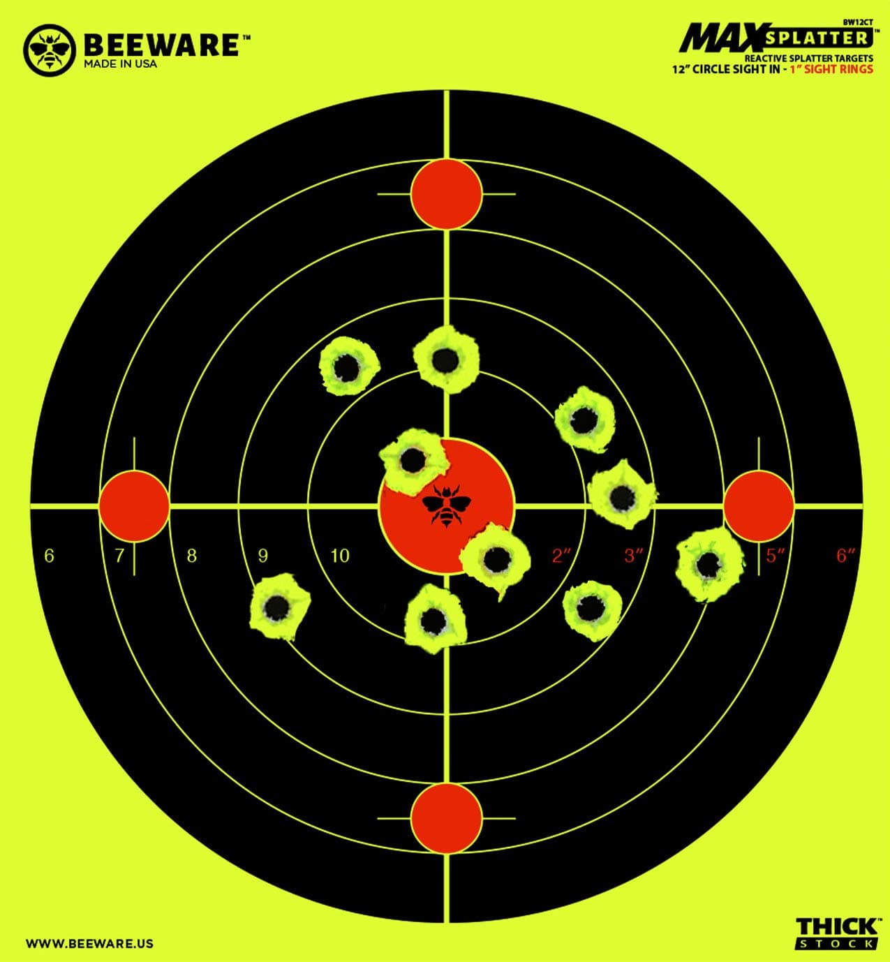 BEEWARE Targets (Thicker - Brighter - Better) 12” Circle Fluorescent Reactive Splatter Targets for Shooting Indoor/Outdoor Ranges (50 Pack)
