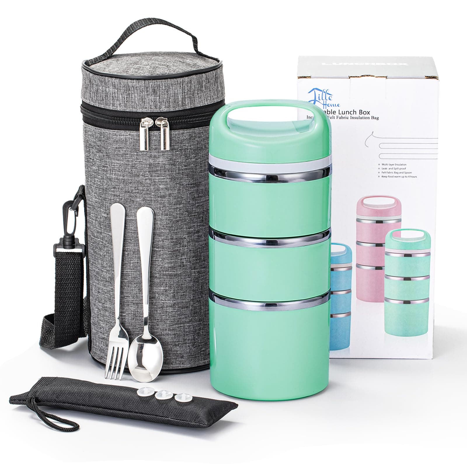 Lille Home Stackable Stainless Steel Thermal Compartment Lunch/Snack Box, 3-Tier Insulated Bento/Food Container with Lunch Bag, Utensils Set and Three Extra Seals, 43OZ