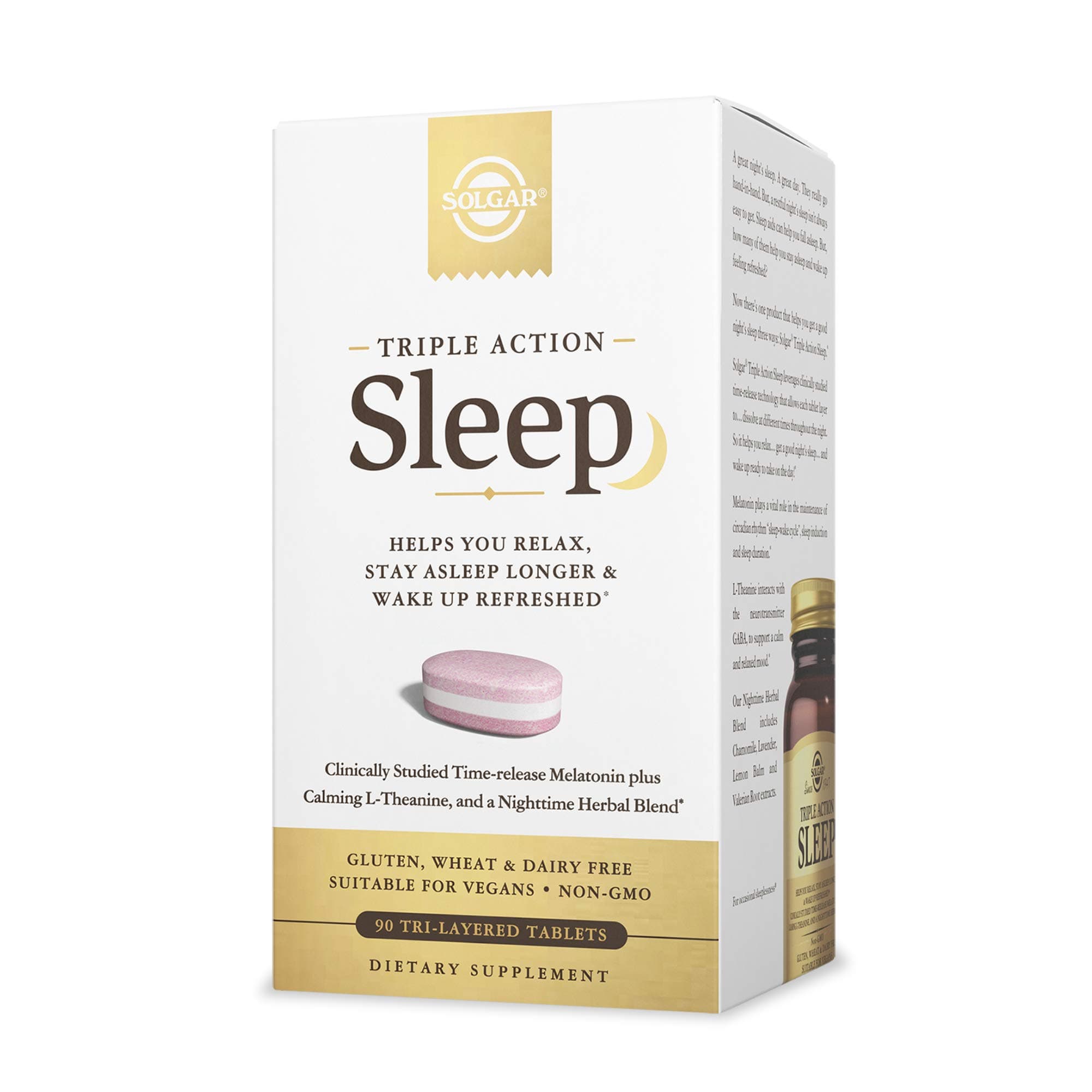 Solgar Triple Action Sleep, 90 Tri-Layer Tablets - Time-Release Melatonin & L-Theanine Plus Herbal Blend - Helps You Relax - Non-GMO, Gluten Free - 90 Servings
