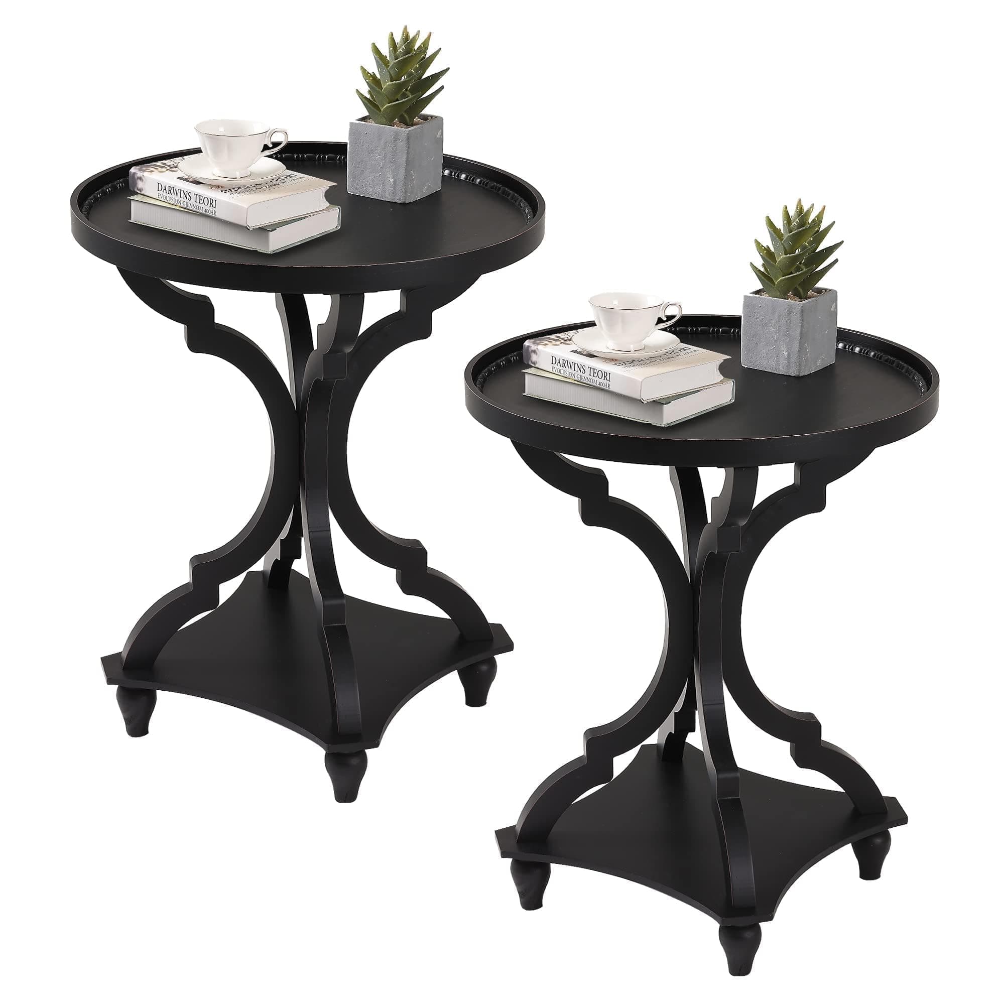 Wnutrees Farmhouse Round Accent End Table, Rustic Side Table Nightstands for Living Room, Wood Tray Top, Handcrafted Finish, Set of 2, Black