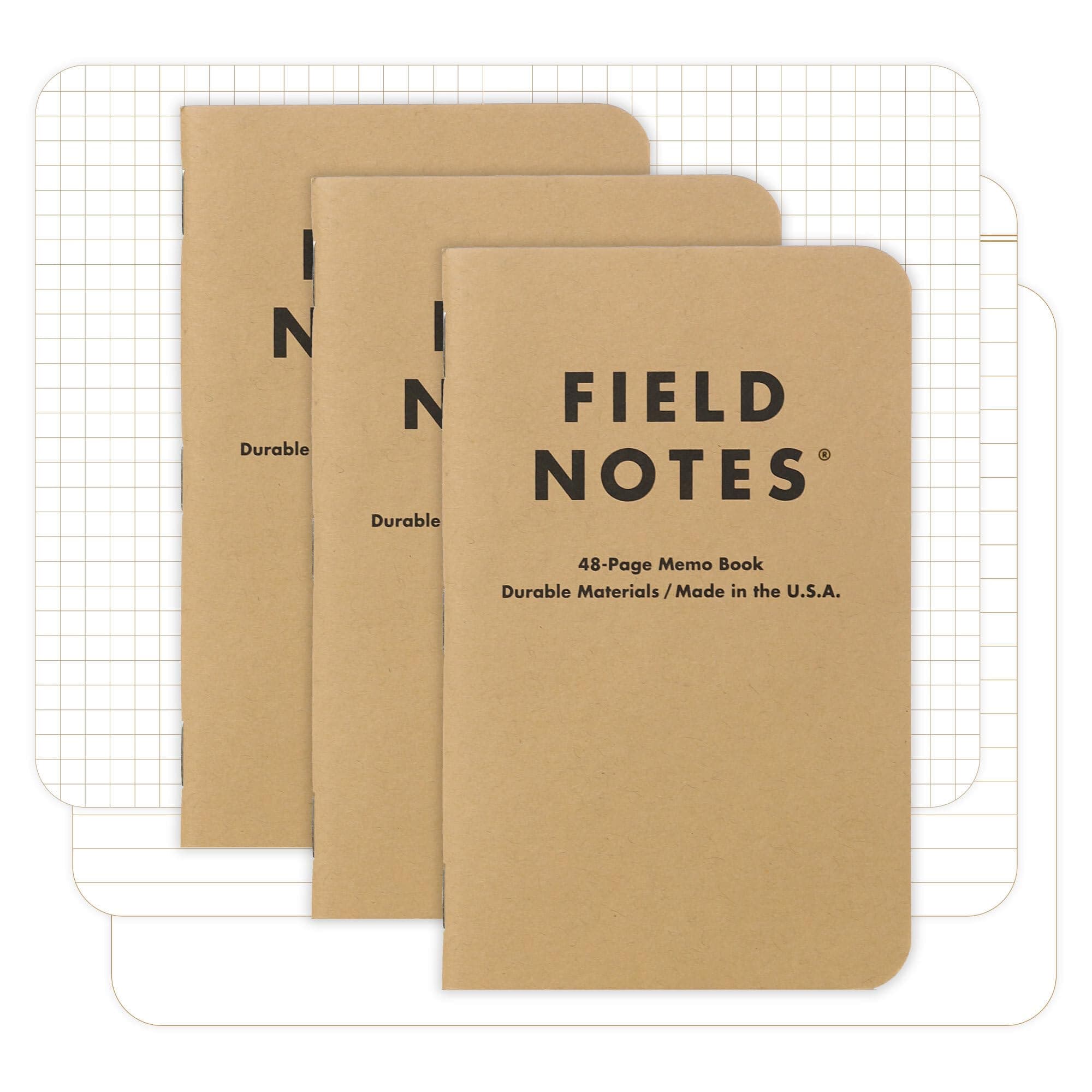 Original Kraft 3-Pack - Mixed Paper (1 Graph/Grid, 1 Ruled/Lined, 1 Plain/Blank) Memo Books - 48 Page Pocket Notebooks - 3.5" x 5.5"