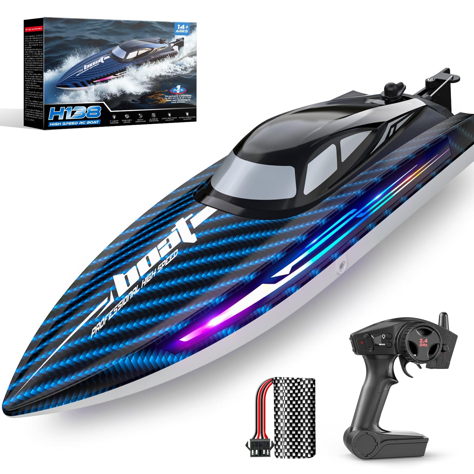 30KMH RC Remote Control Boat with 7 LED Light Modes Waterproof Electric Fast Boat for Adults Kids 8-12 Years Old Lake Pool Water Play Freestanding Demo Water Cooling 20 Minute Low Battery Alert 2.4Ghz