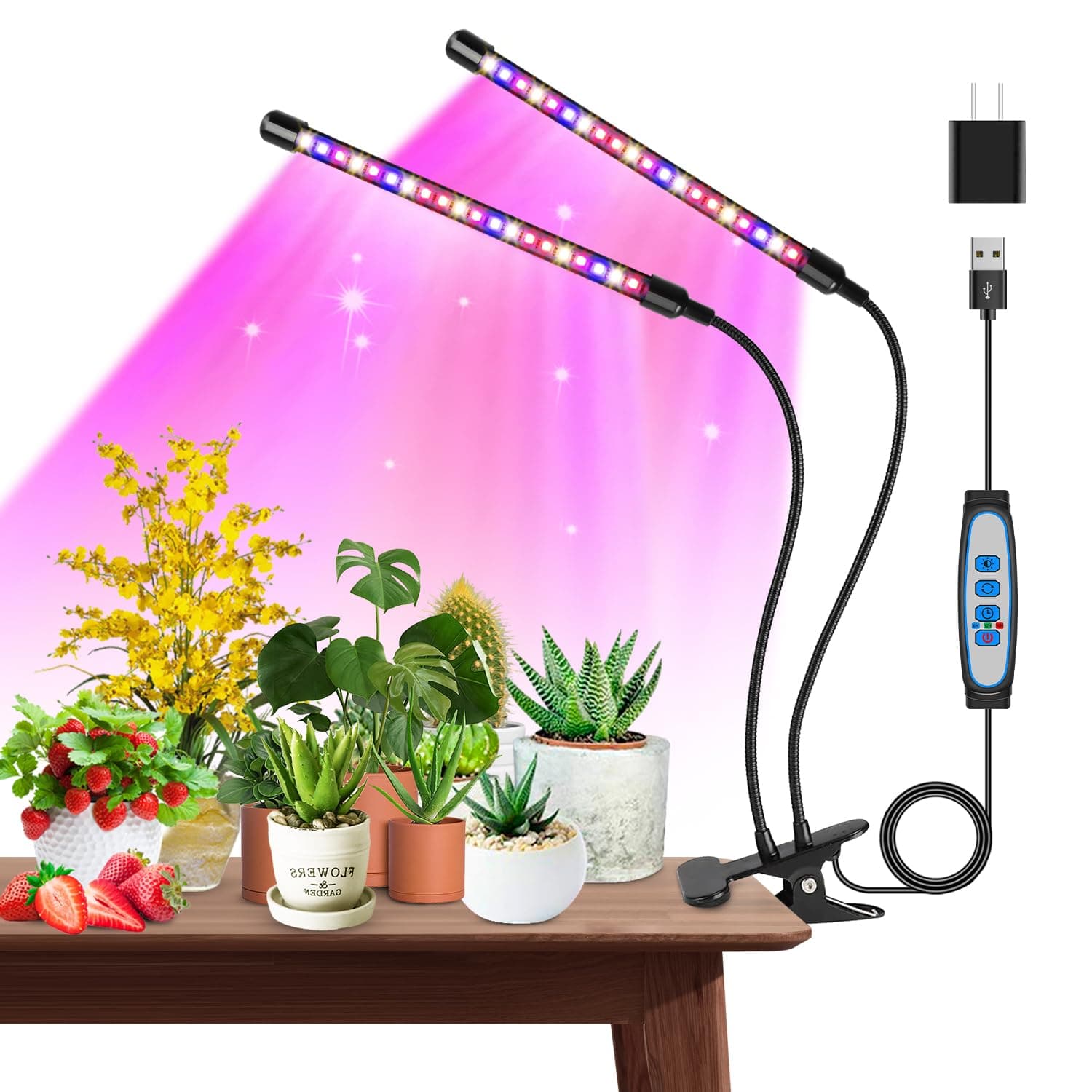 Grow Lights for Indoor Plants, Garpsen Grow Light with Red Blue Full Spectrum, 2 Heads Clip 40 LEDs Plant Light for Indoor Plants, 3 Switch Modes & Auto ON/Off, 6 12 16H Timer, 5 Dimmable Levels