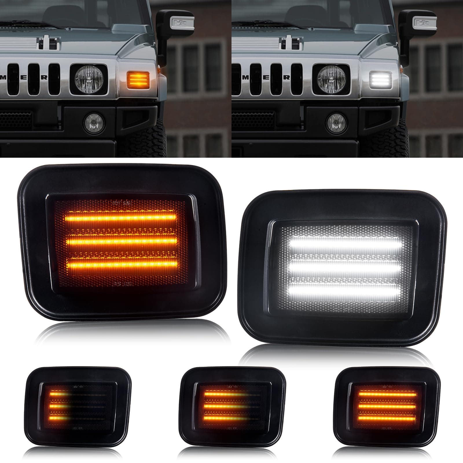 Gempro Led Sequential Amber Front Turn Signal Side Marker Lights White Parking Lamps for Hummer H2 2003-2009, 2PCS Smoked Len