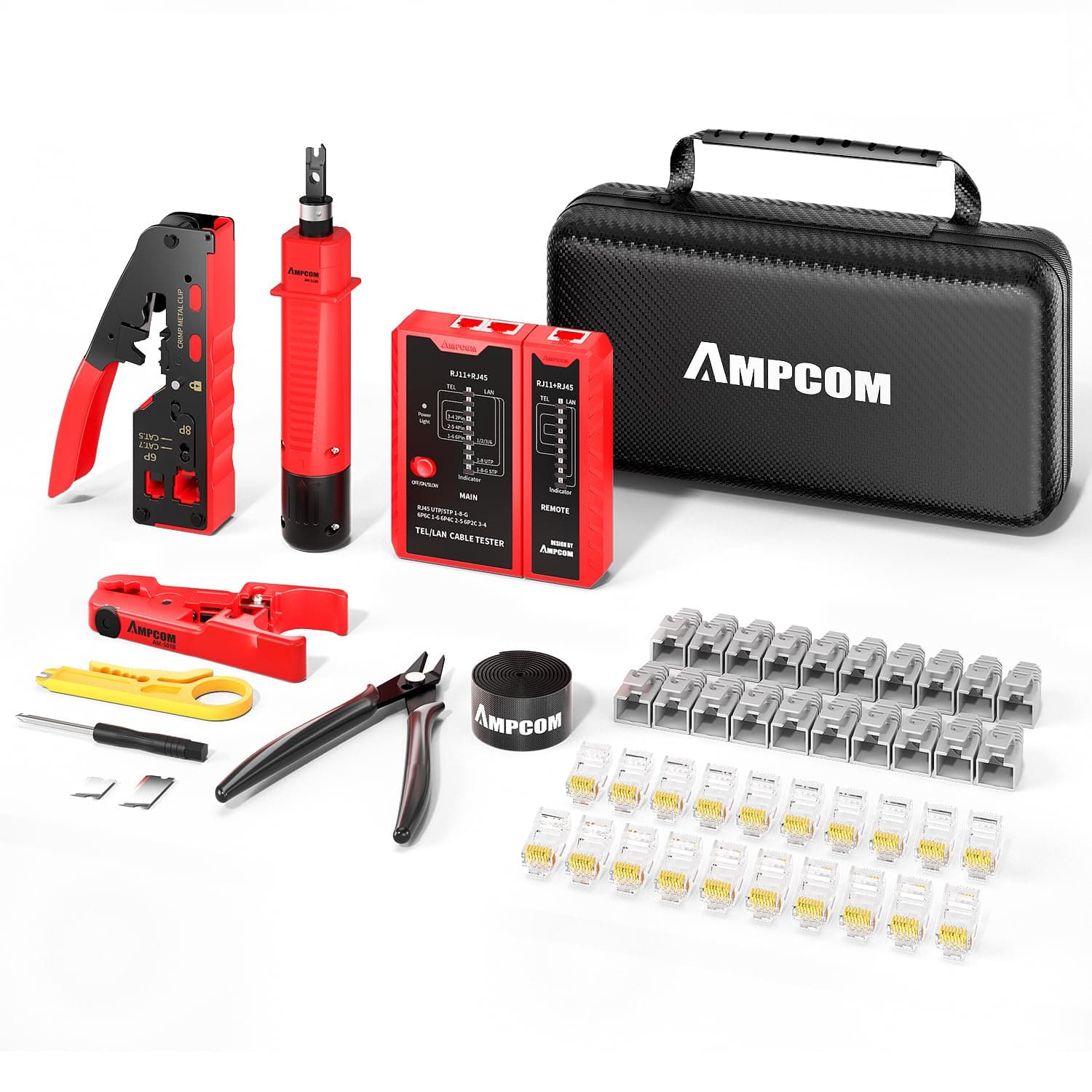 AMPCOM Ethernet Crimping Tool Kit 10-in-1 Pass Through RJ45/RJ11 Network Tool Kit with RJ45 Tester for Cat6/5e RJ45 Connectors, Includes 110 Punch Down Tool & Wire Stripper, Portable Waterproof Bag