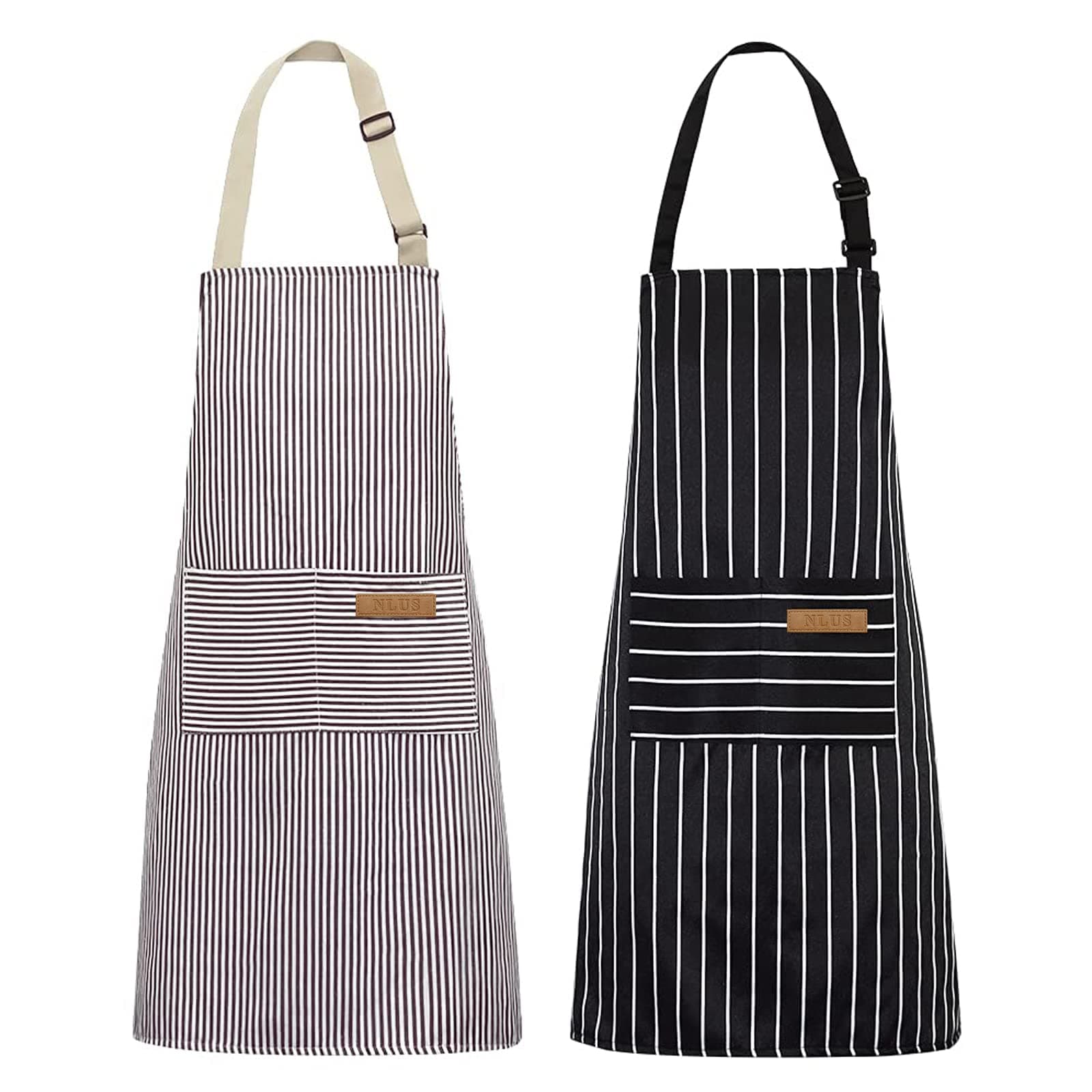 2 Pack Kitchen Cooking Aprons, Adjustable Bib Soft Chef Apron with 2 Pockets for Men Women(Black/Brown Stripes)