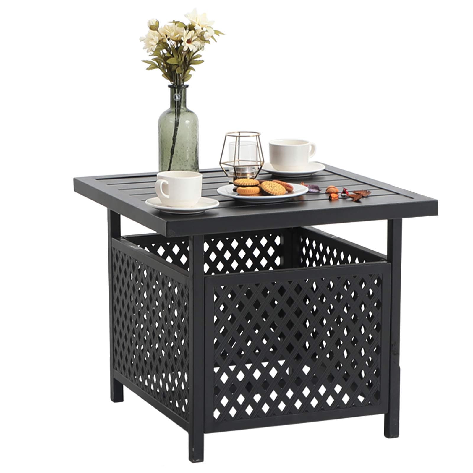 Patio Umbrella Side End Table Stand with Hole, Small Square Black Metal Bistro Table for Outdoor Garden Pool, 22"