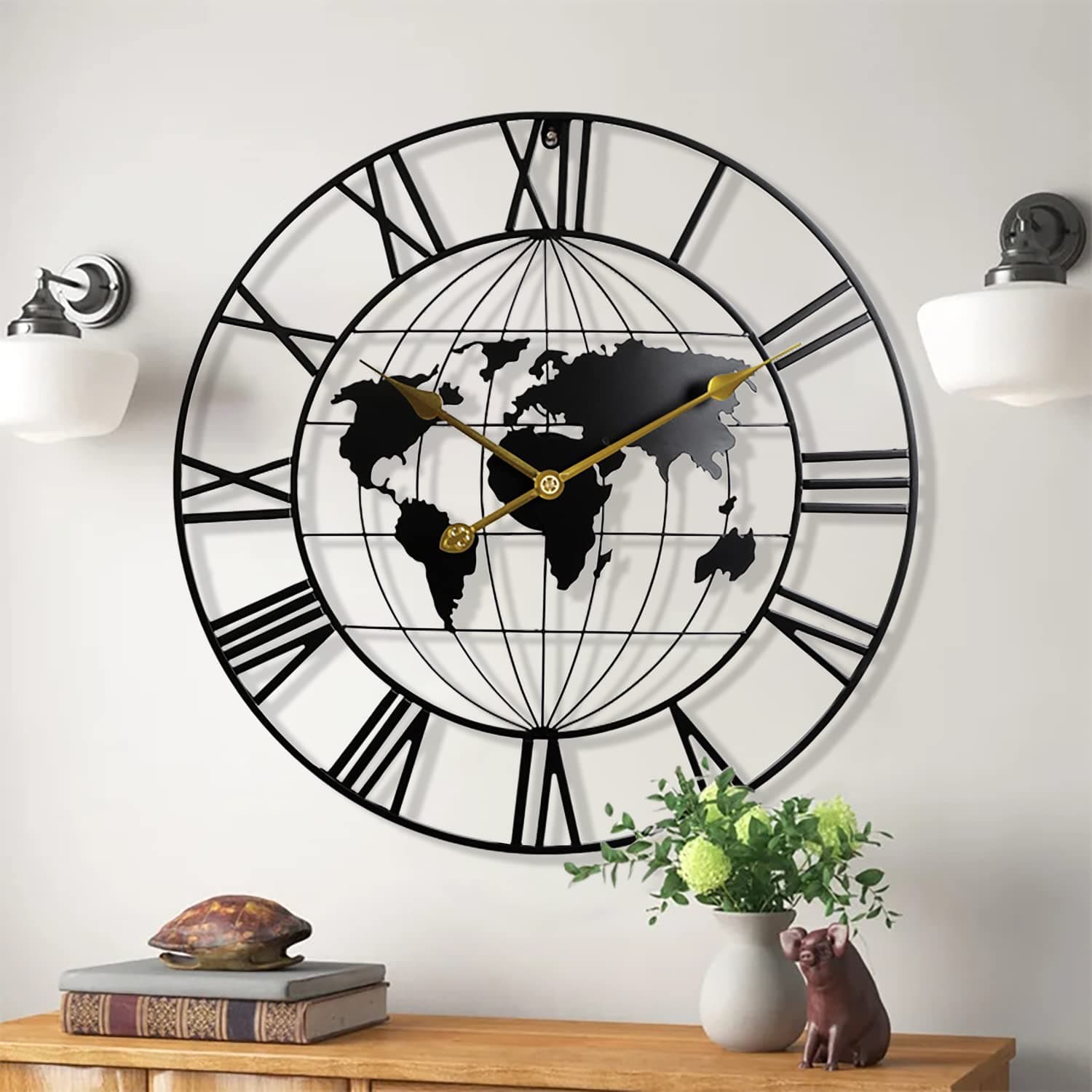 Large World Map Wall Clock, Metal Minimalist Modern Clock, Round Silent Non-Ticking Battery Operated Wall Clocks for Living Room/Home/Kitchen/Bedroom/Office/School Decor (24 Inch)