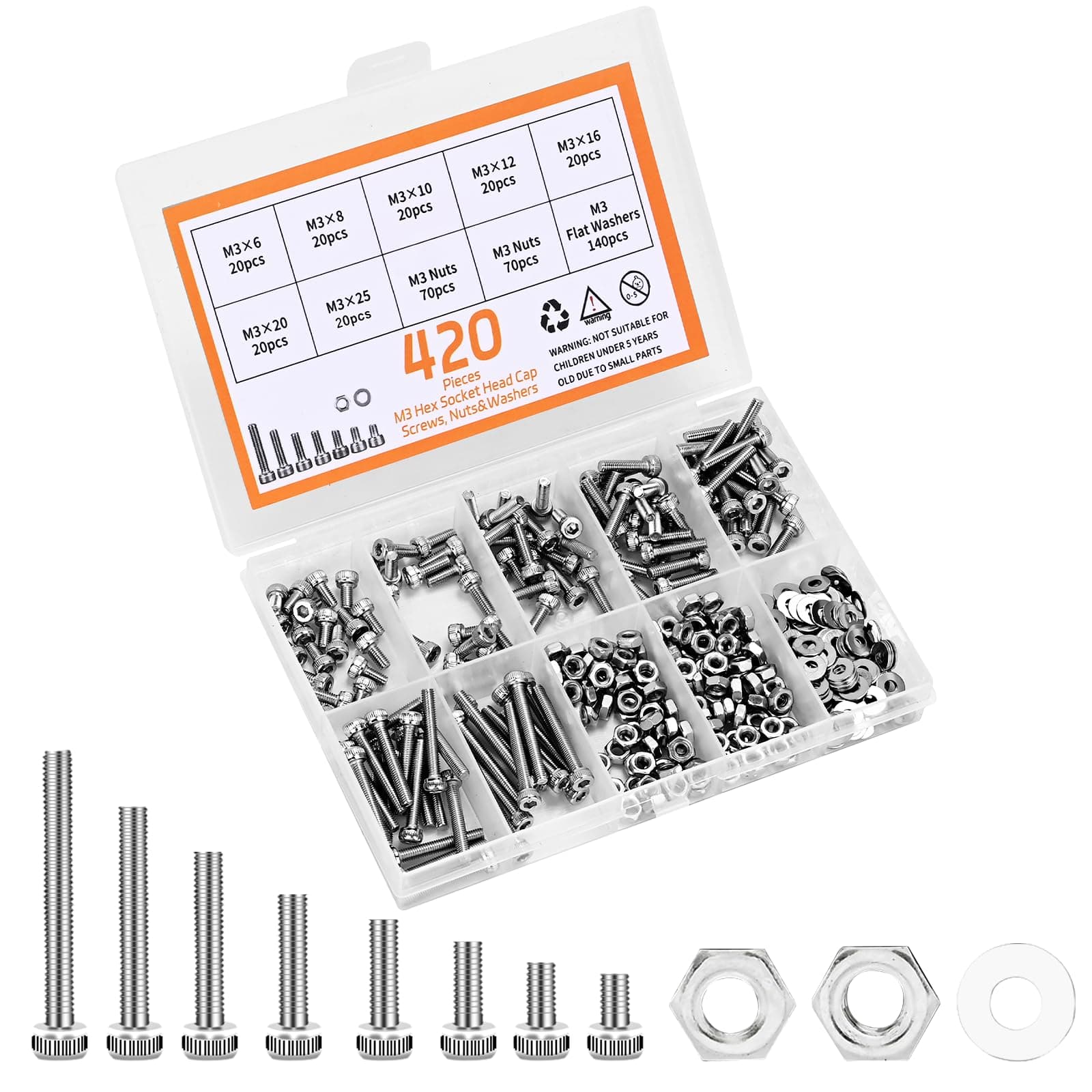 420pcs M3 Screw Kit, Premium Hex Socket Head Cap Screw Assortment with Nuts and Washers, M3x6mm /8mm /10mm /12mm /16mm /20mm /25mm (Silver)