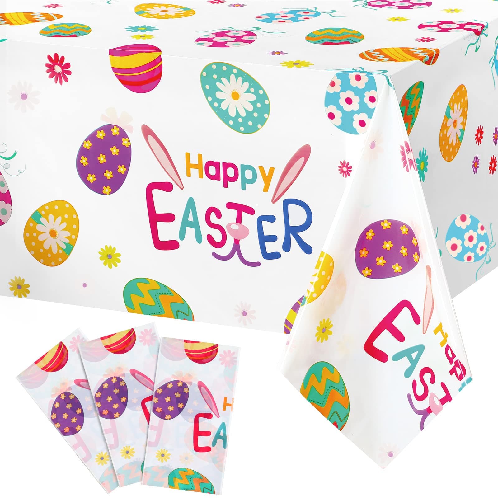 Tatuo Easter Tablecloth Plastic Easter Egg Bunny Table Cover Colorful Egg with Happy Easter Bunny Tablecloth for Easter Spring Flower Themed Party Kitchen Dining Room Home Decor, 54 x 108 Inch (3)