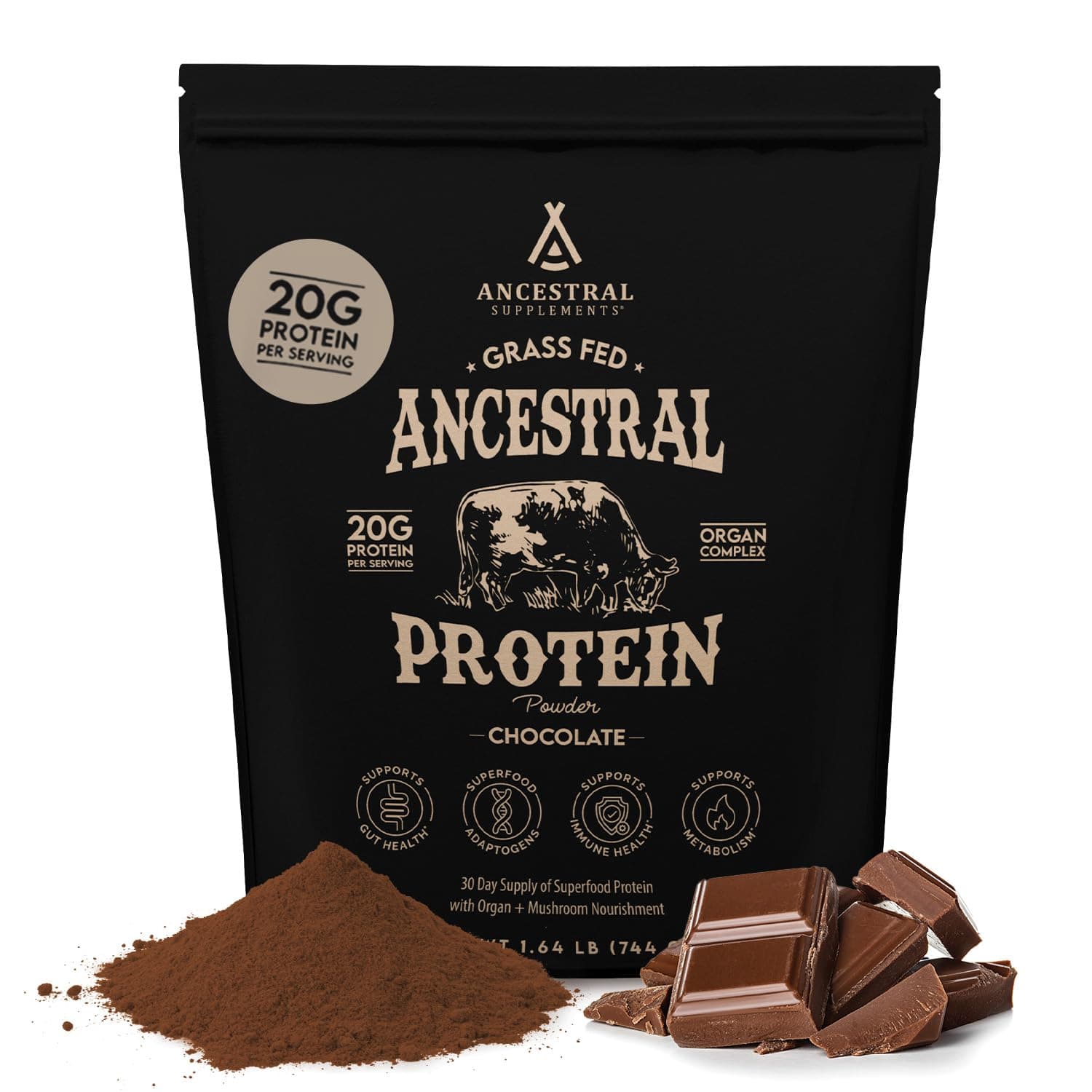 Grass Fed Protein Powder, Chocolate, Beef Bone Broth Based w/Beef Organs & Organic Mushrooms, Gut Health Support, High Protein Supplement, 20g Protein Per Serving, 30 Day Supply