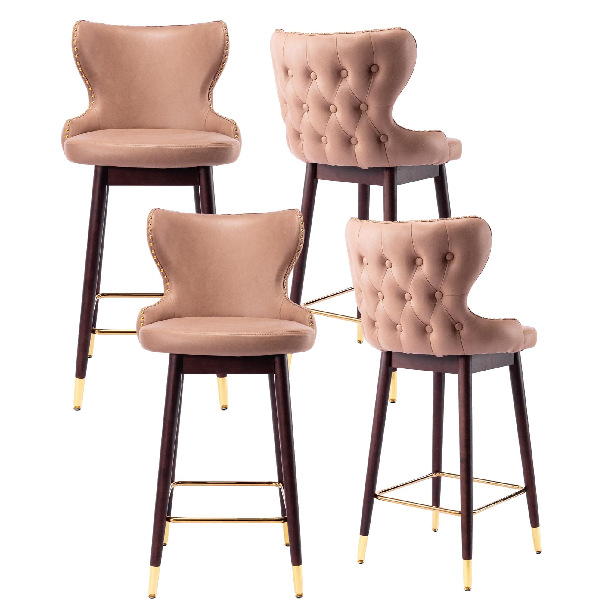 Rhomtree Modern Leather Fabric Upholstered Bar Stools, Barstools with Backs and Solid Wood Legs, 29.9" H Tufted Gold Nailhead Trim Gold Decoration Bar Stools for Kitchen Counter (Set of 4, Khaki)