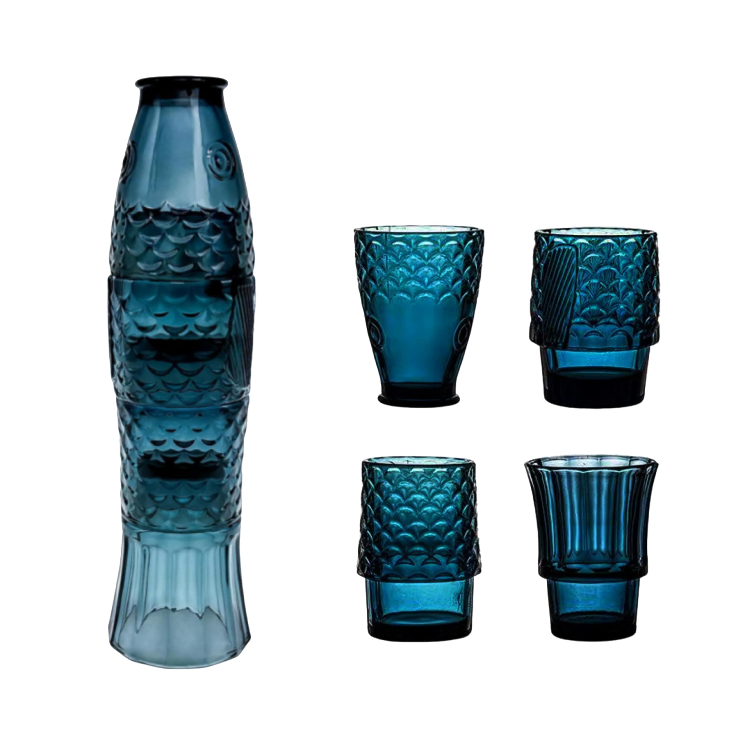 Lipitaley Koi Fish Design Drinking Glasses, Stackable Drinking Glasses, Colored Beverage Glass, Nautical Glassware, Fish Shaped Glasses Drinking for Home Decor, Set of 4, Lake Blue
