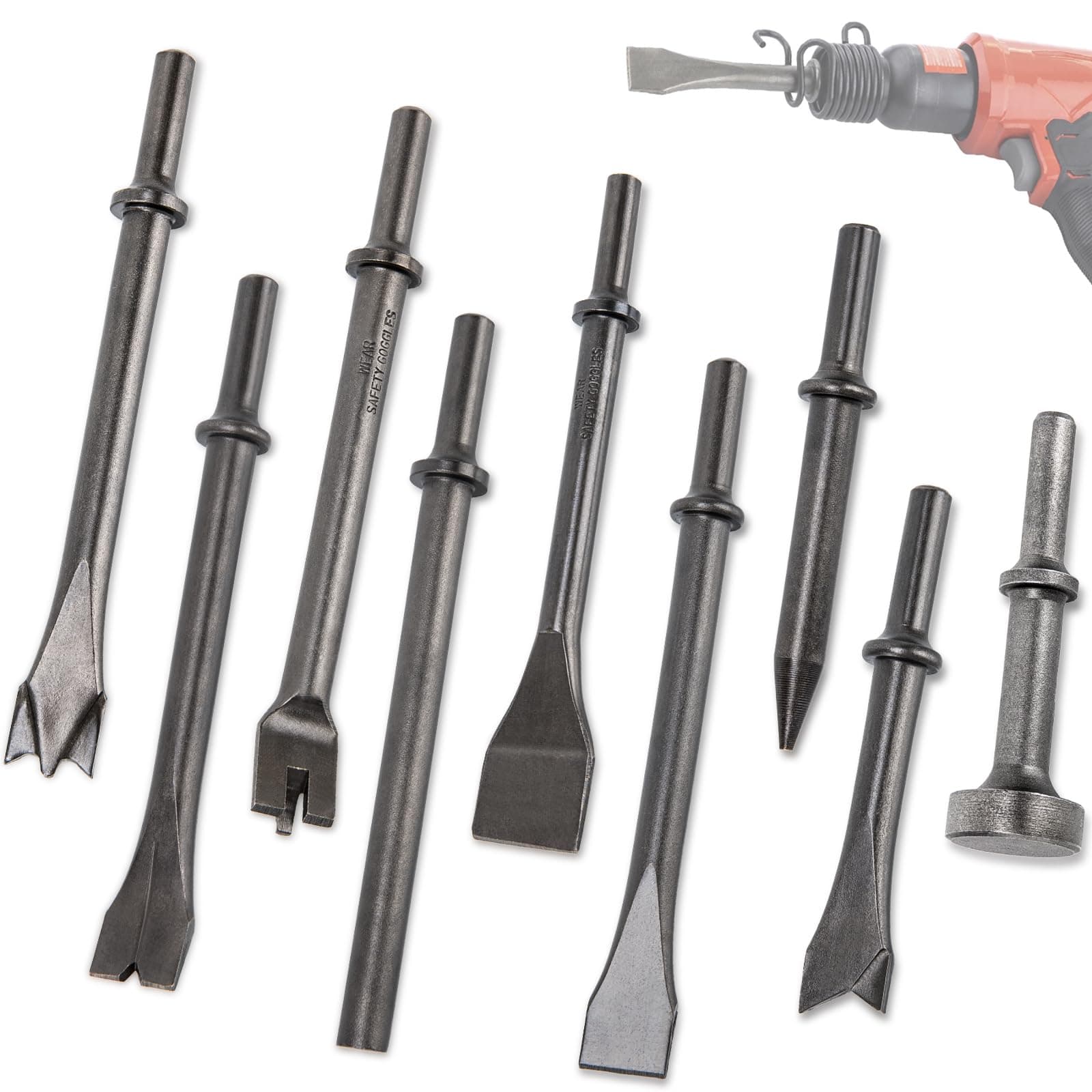 Air Hammer Bits Set - 9pcs Pneumatic Hammer Chisel Bits, Air Chisel Bits, Air Hammer Punch Chipping Bits Set, Air Hammer Atachments for Tile Masonry Concrete Stone Demolition, Rust Removal, Drilling