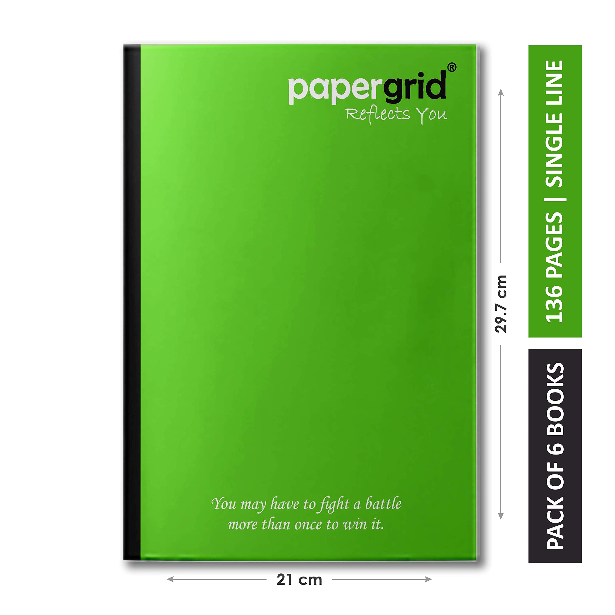 papergrid Notebook - A4 (29.7 cm x 21 cm), Single Line, 136 Pages, Soft Cover - Pack of 6