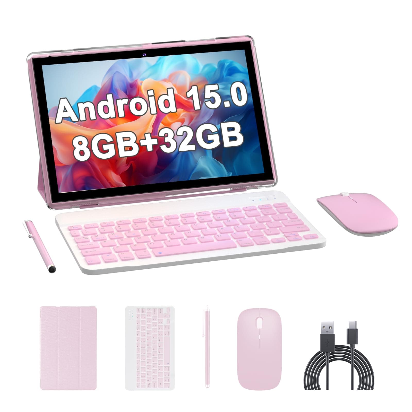 Android 15 Tableta, 2 in 1 Tablet 10 Inch with Keyboard Case, 8GB+32GB ROM/1TB, Quad Core, Dual Carema, Games, Wi-Fi, BT, GMS(Pink)