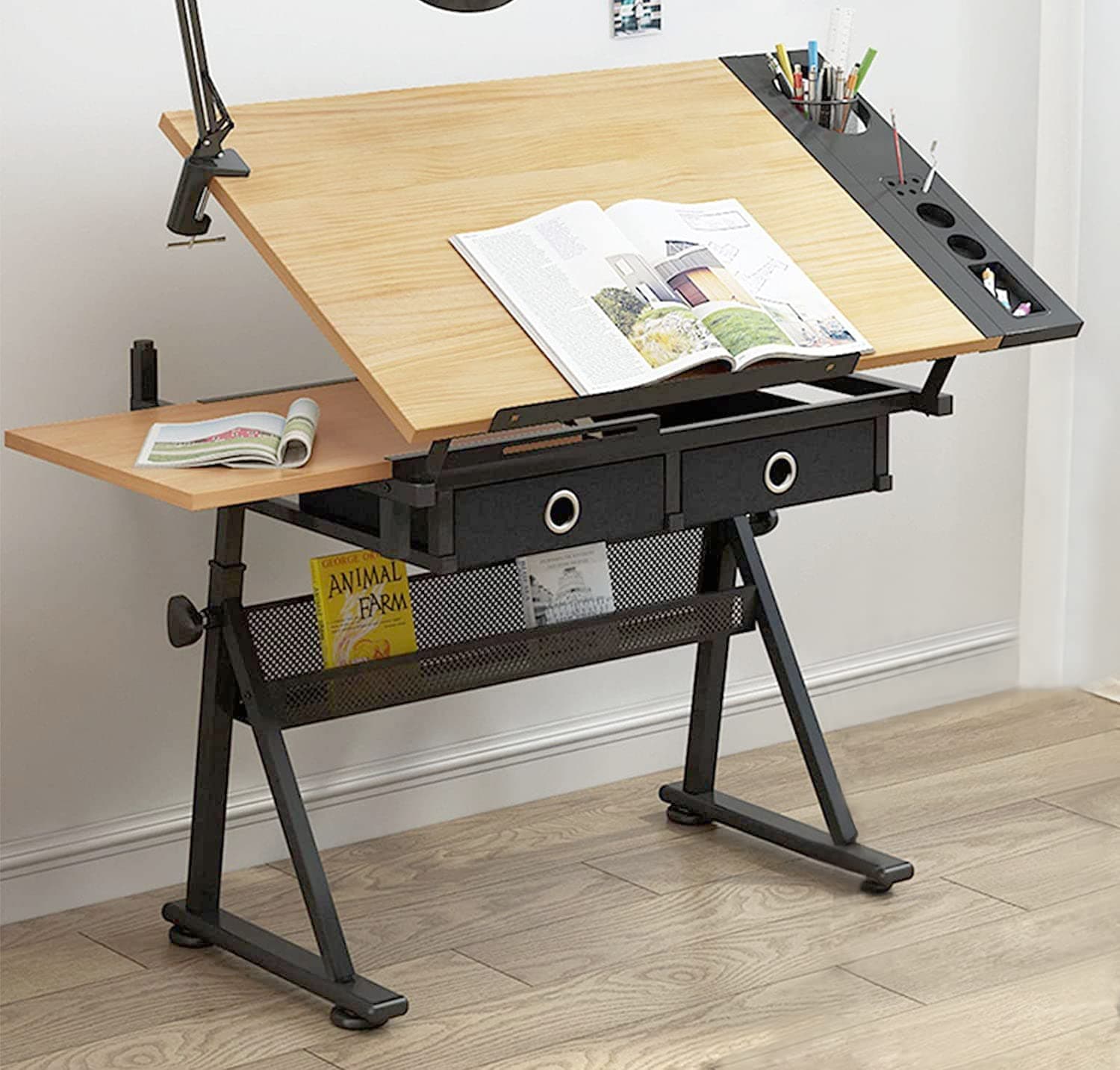 Drafting Table Artists Wood Drawing Table Adjustable Height Tiltable Tabletop, Art Desk Drawing Desk with Storage Craft Desk with Drawers for Drawing Painting Work Study