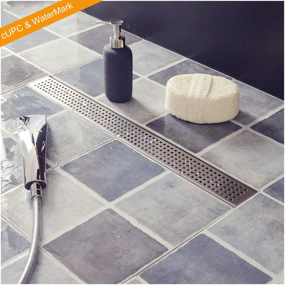 24" Linear Shower Drain with Removable Quadrato Pattern Grate, Brushed 304 Stainless Steel Long Shower Drain for Bathroom, Rectangle Shower Floor Drain with Adjustable Leveling Feet, Hair Strainer