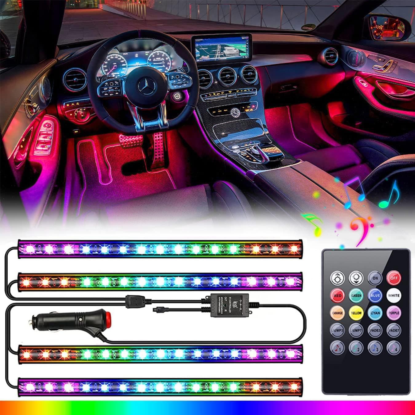 Car LED Lights Interior, LED Lights for Car Accessories Interior with Remote Control, Truck Inside Lights with DIY Mode and Music Mode, Ambient Lighting for Cars SUVs Trucks with Car Charger, DC 12V