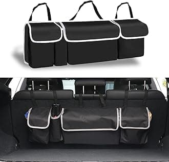 UYYECar Trunk Hanging Organizer, Thick Backseat Storage Bag with 4 Pockets and 3 Adjustable Shoulder Straps, Foldable Interior Accessories Releases Trunk Space