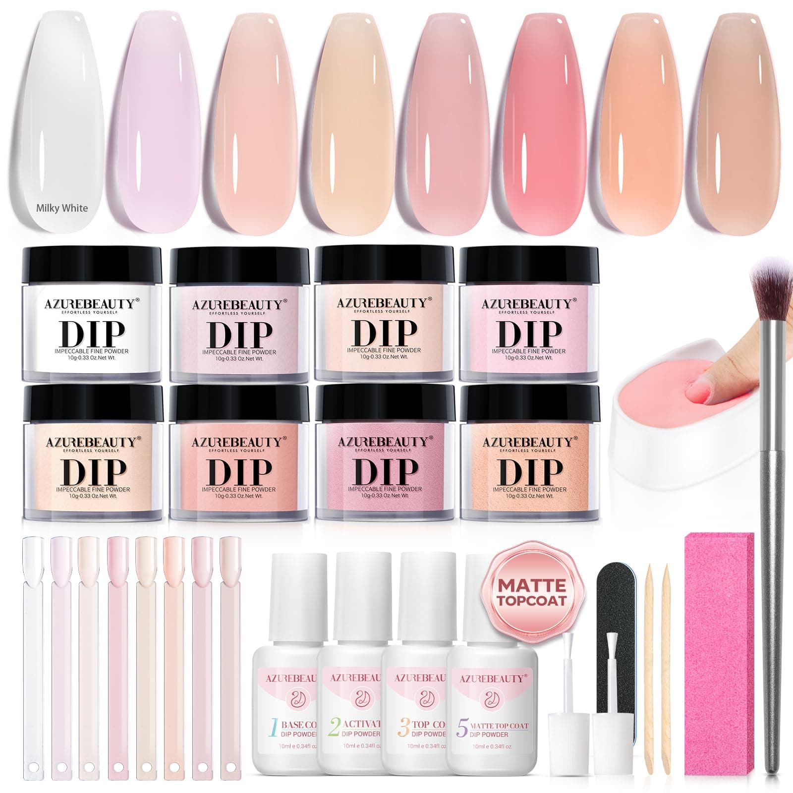 AZUREBEAUTY Dip Powder Nail Kit, Jelly Translucent Milky White Sheer Pink Nude Neutral Clear 8 Colors, Dipping Powder Liquid Set Added Matte Top Coat with Nail Sticks French Nail Art Manicure Salon