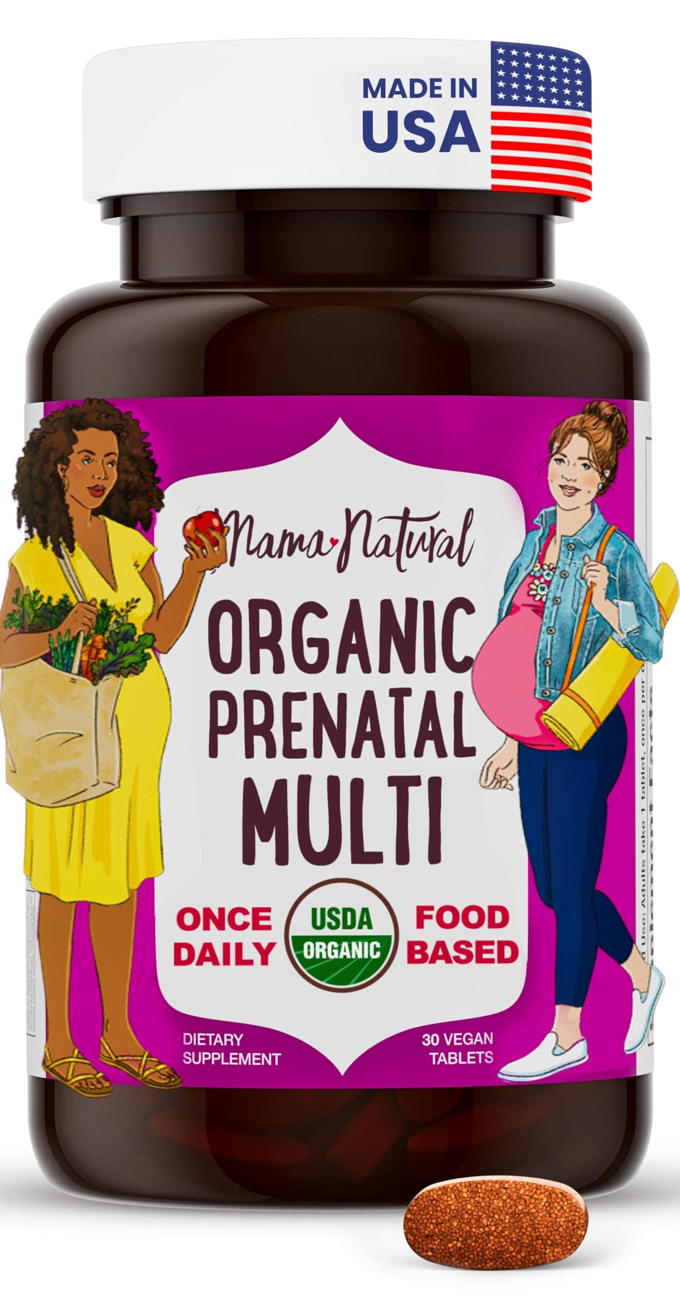 Mama Natural Organic Prenatal Vitamins for Women Vegan (30 Servings) | One A Day Prenatal Vitamins for Pregnant Women | Food Based, Non-GMO & Gluten-Free - Pre Natal Multivitamin with Folate