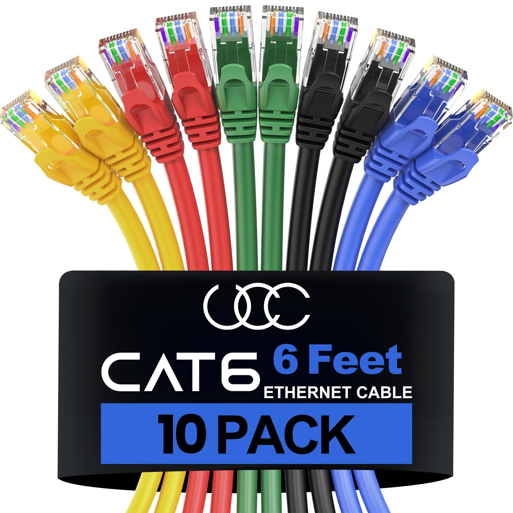 Ultra Clarity Cables Cat 6 Ethernet Cable 6 Ft (10 Pack), Cat6 Patch Cable, High Speed 10Gbps 500Mhz Ethernet Cable Network Cord, RJ45 LAN Internet Cable for Computer Modem Router PS4/5 Xbox 5 Colors