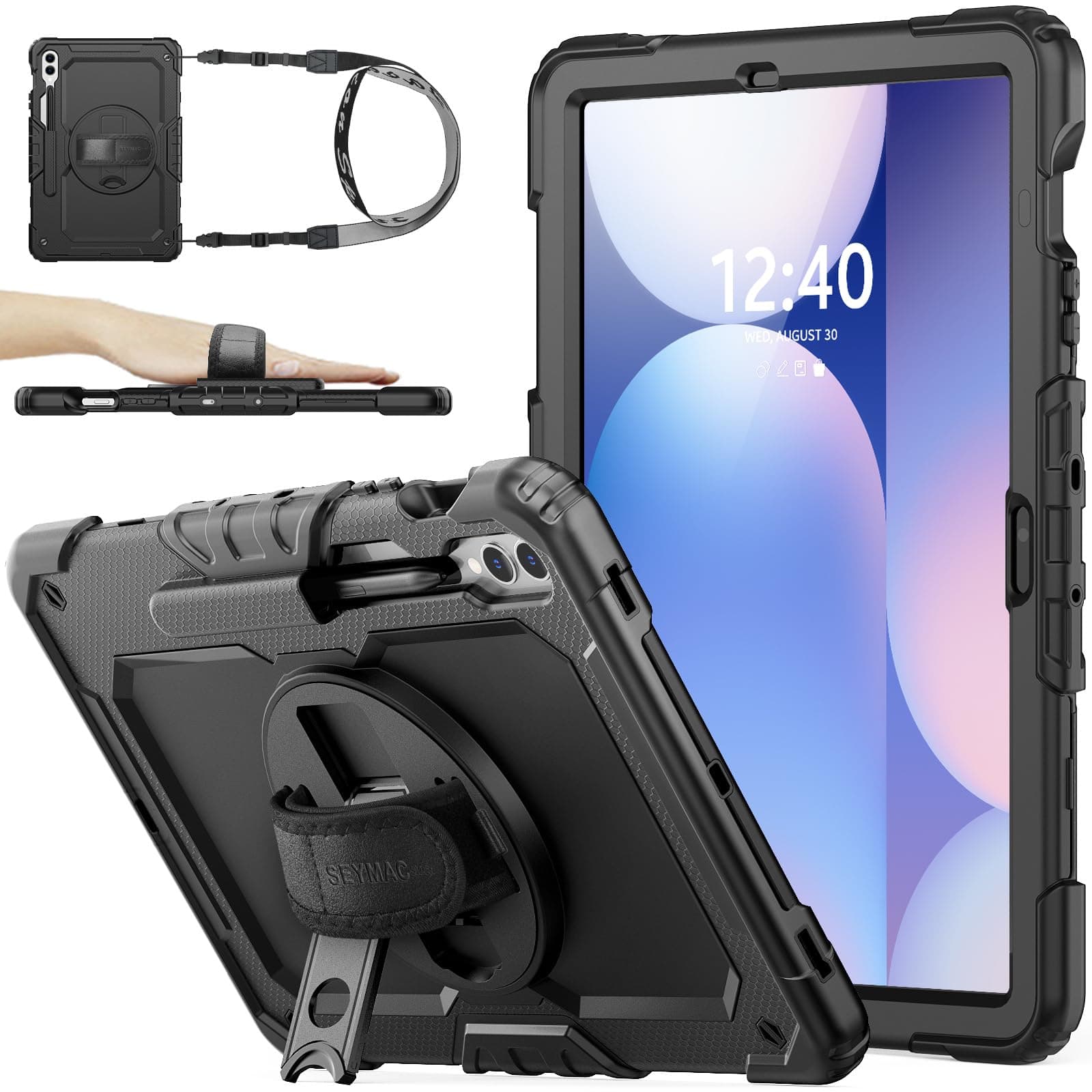 Case for Samsung Galaxy Tab S9 Plus / S9 FE+ Plus 12.4'' with Screen Protector [360 Rotating Stand] Hand Shoulder Strap Protective Case for Galaxy Tab S9+ / S9 FE+ 12.4'', Black