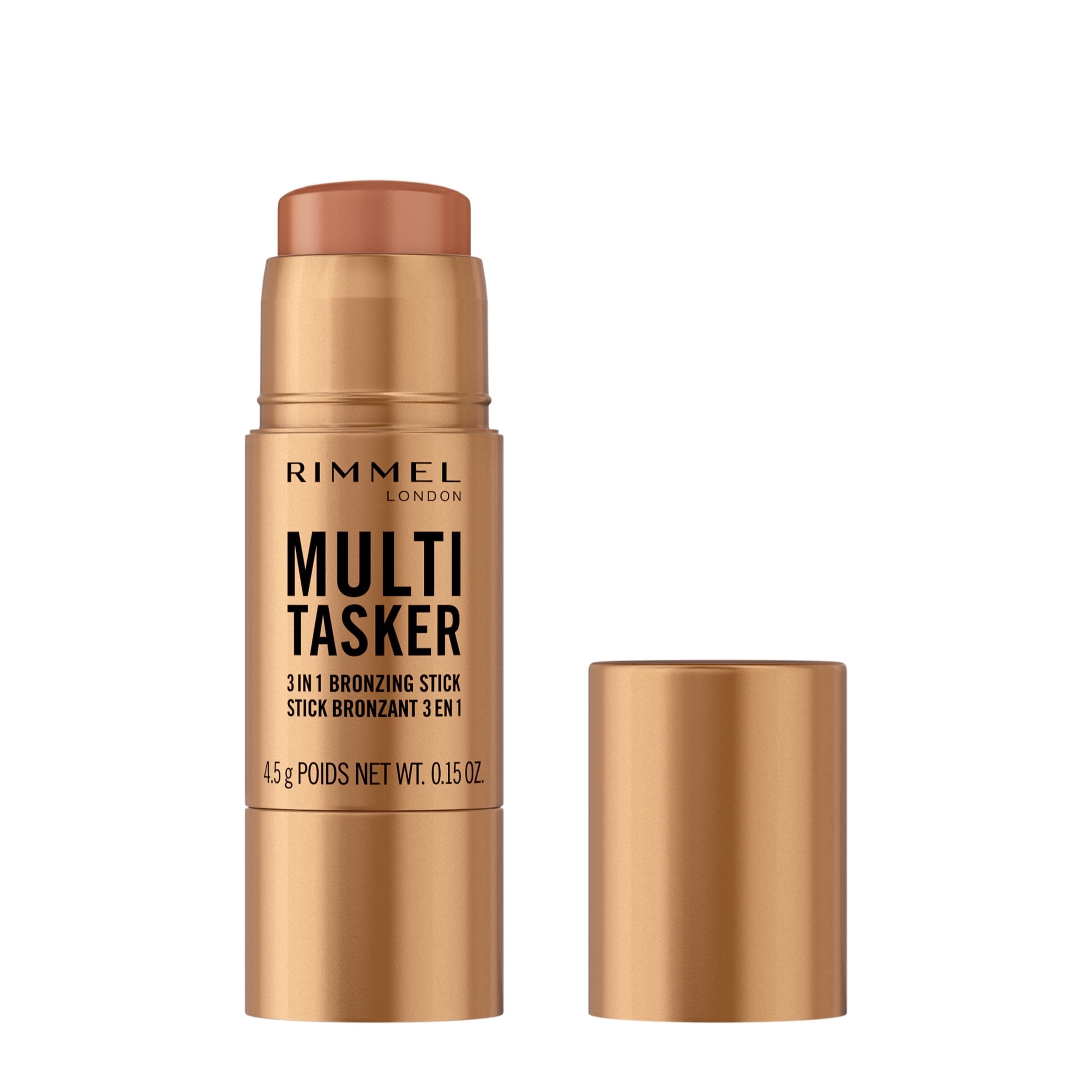 – Rimmel Multi Tasker 3 in 1 Bronzing Stick, 002 Medium, Sculpted and Bronzed Glow, All-Day Wear, Sheer and Dewy Finish, Infused with Vitamin C & E, Vegan Formula, Cruelty-Free