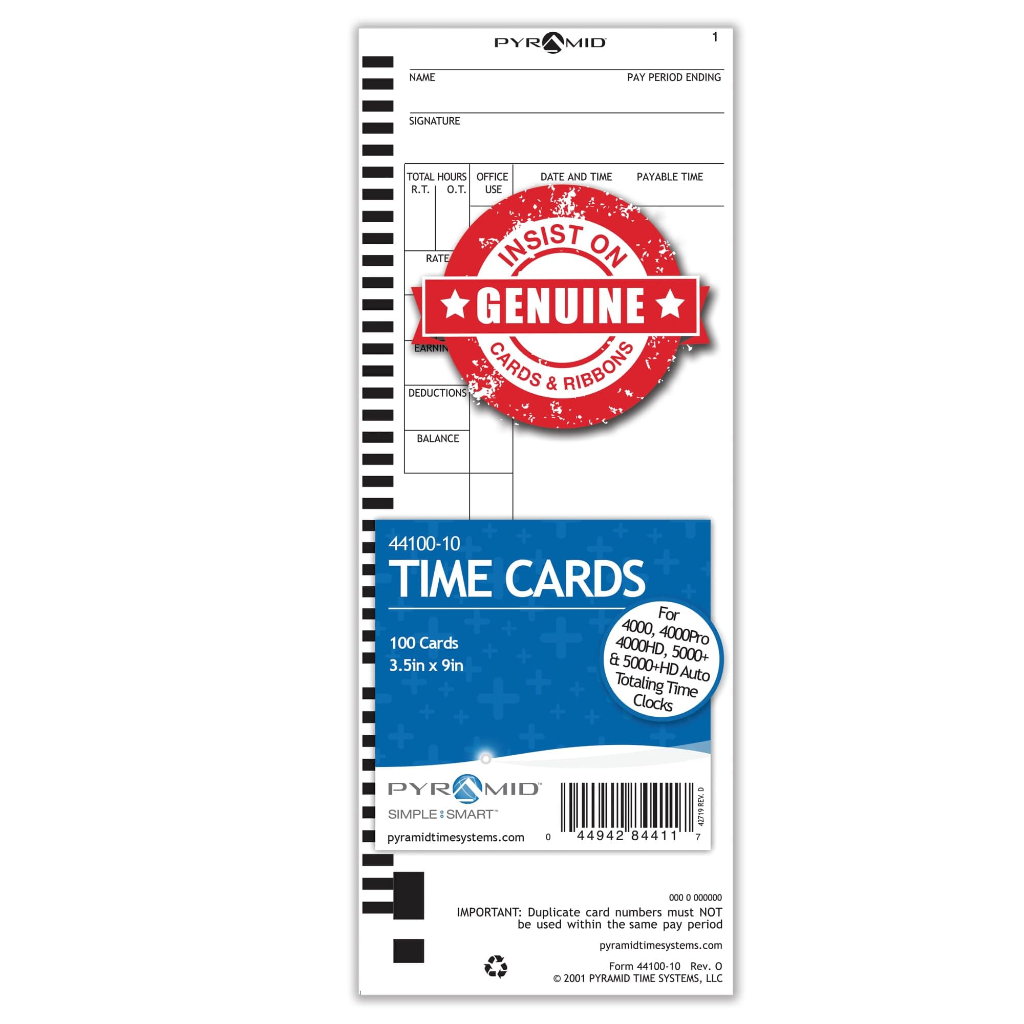 Pyramid Time Systems - Authentic Time Cards (44100-10) for Pyramid Models 4000, 4000PRO, 4000PROK, 5000HD & 5000 Auto Totaling Time Clocks, Single Sided Time Sheets (3.5 x 9 in) -100 Time Cards