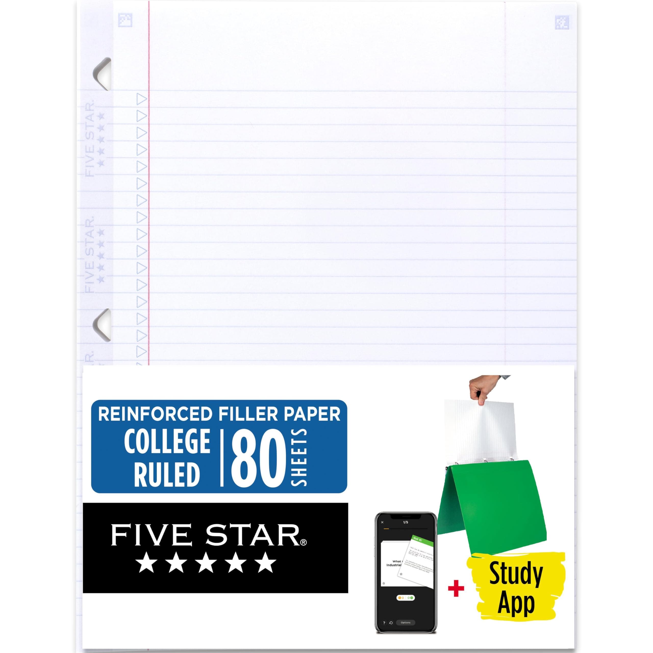 Loose Leaf Paper + Study App, Notebook Paper, College Ruled Filler Paper, Reinforced, Fights Ink Bleed, 8.5 x 11, 80 Sheets (170102),White