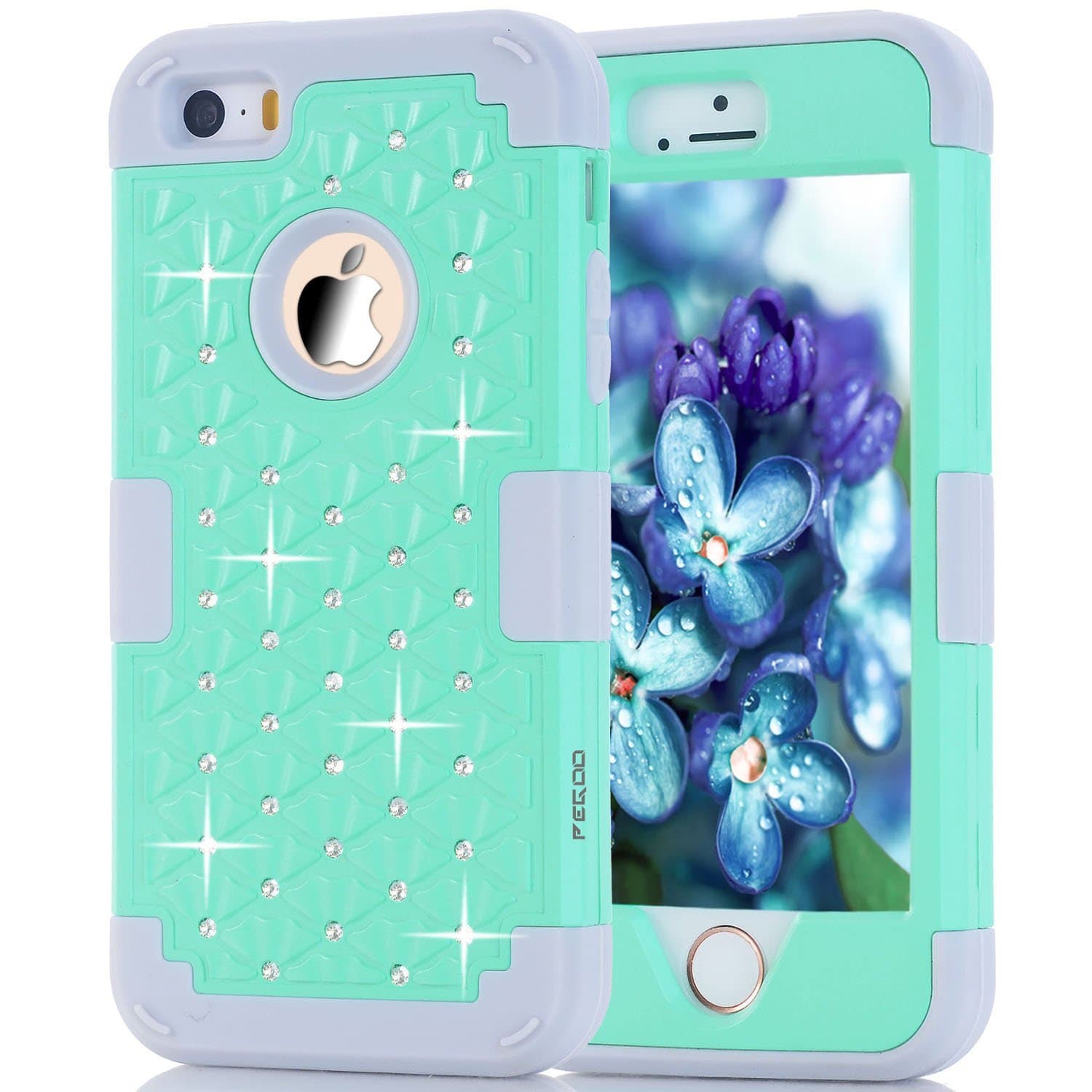 iPhone SE Case,iPhone 5 Case, Shockprooof Armor Hybrid Triple Layer Combo Case with Soft Silicone Inner Skin and Rugged Hard Plastic Rhinestone Outer Shell for Apple iPhone 5 5S SE(Mint Gray)
