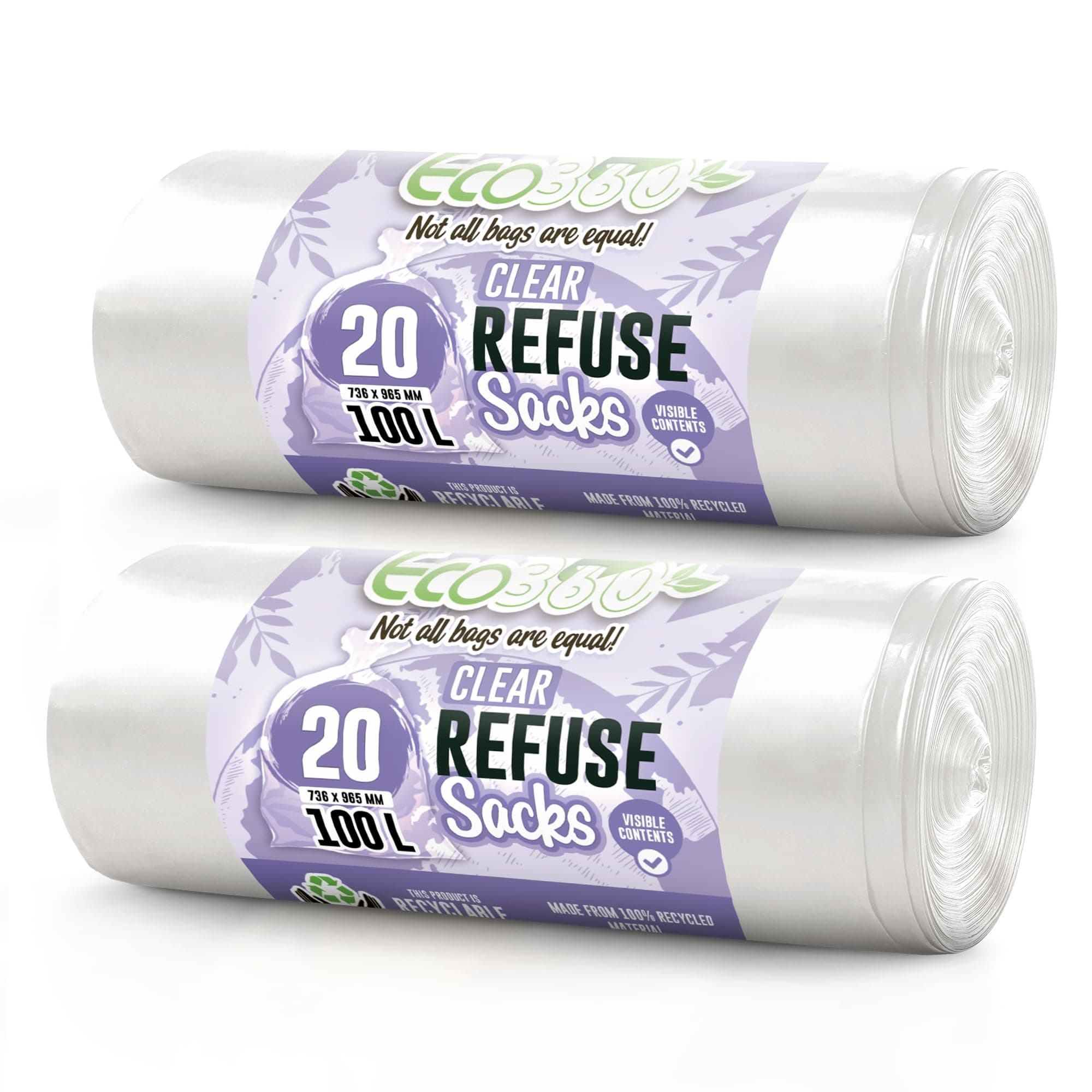 EcoBag - 40 Pack Refuse Sacks - 100L - 22 Microns - Heavy Duty, Leak Resistant Recyclable Bin Bags, Eco-Friendly, Durable Waste Disposal Bags for Household & Commercial Use (736 x 965mm)