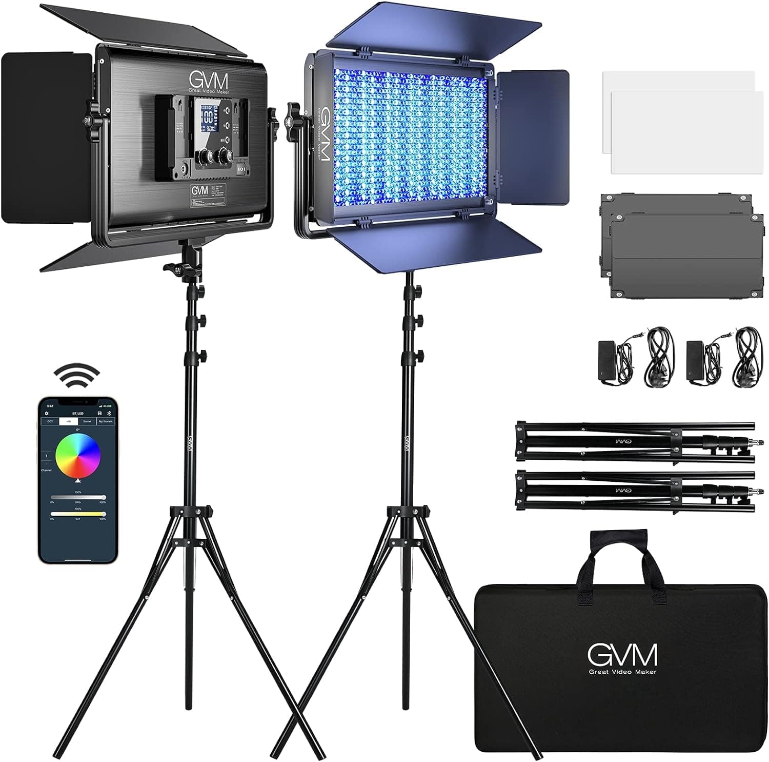 1500D RGB LED Light, 75W Lighting Kit with Bluetooth Control, 2 Packs Led Panel Light for Photography, YouTube Studio, Shooting, Conference, 1128 Led Beads
